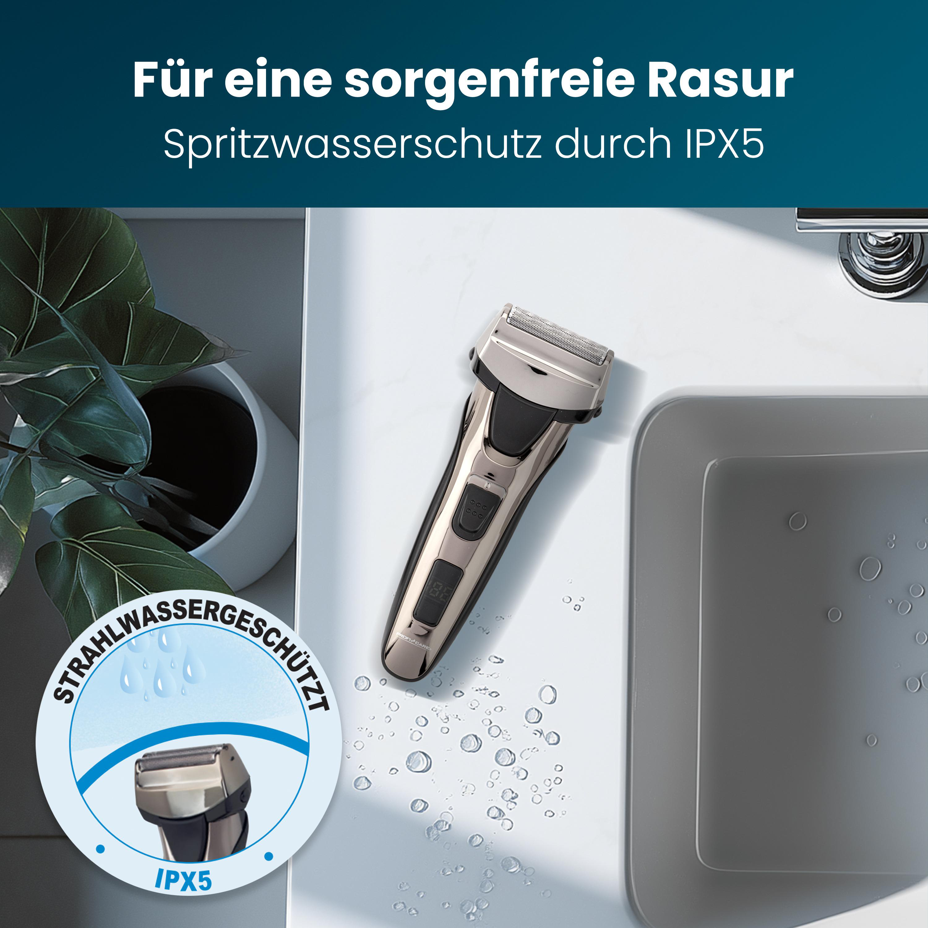 Elektrorasierer neben einem Waschbecken mit Wassertropfen und IPX5-Symbol.