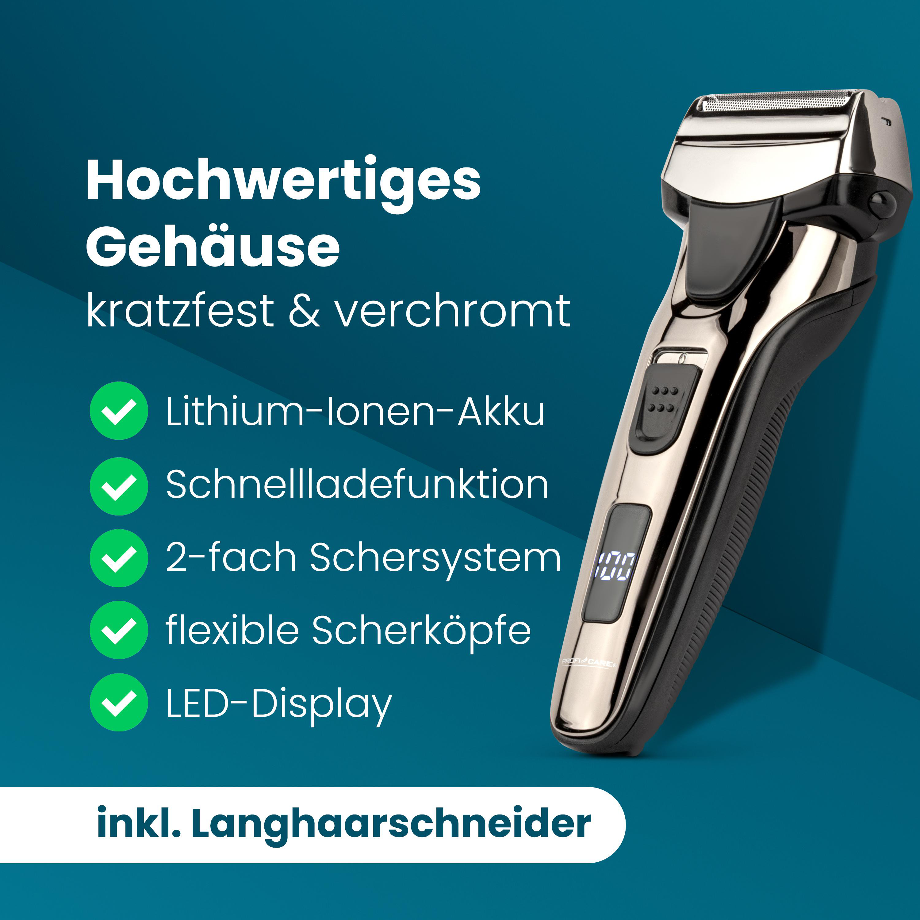 Elektrischer Rasierer mit hochwertigem, kratzfestem Gehäuse.