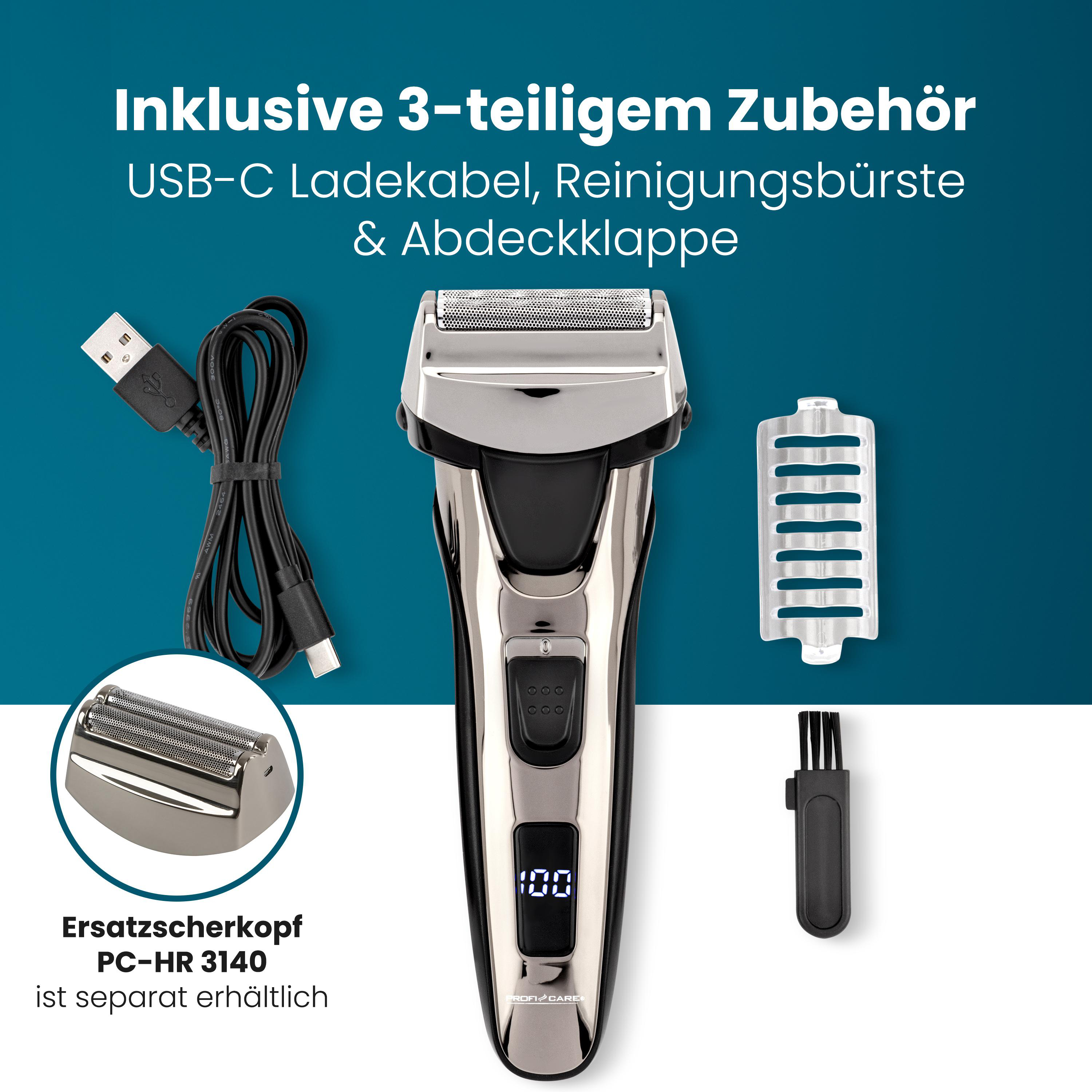 Elektrorasierer mit Zubehör: USB-C Kabel, Reinigungsbürste, Ersatzscherkopfhalterung.