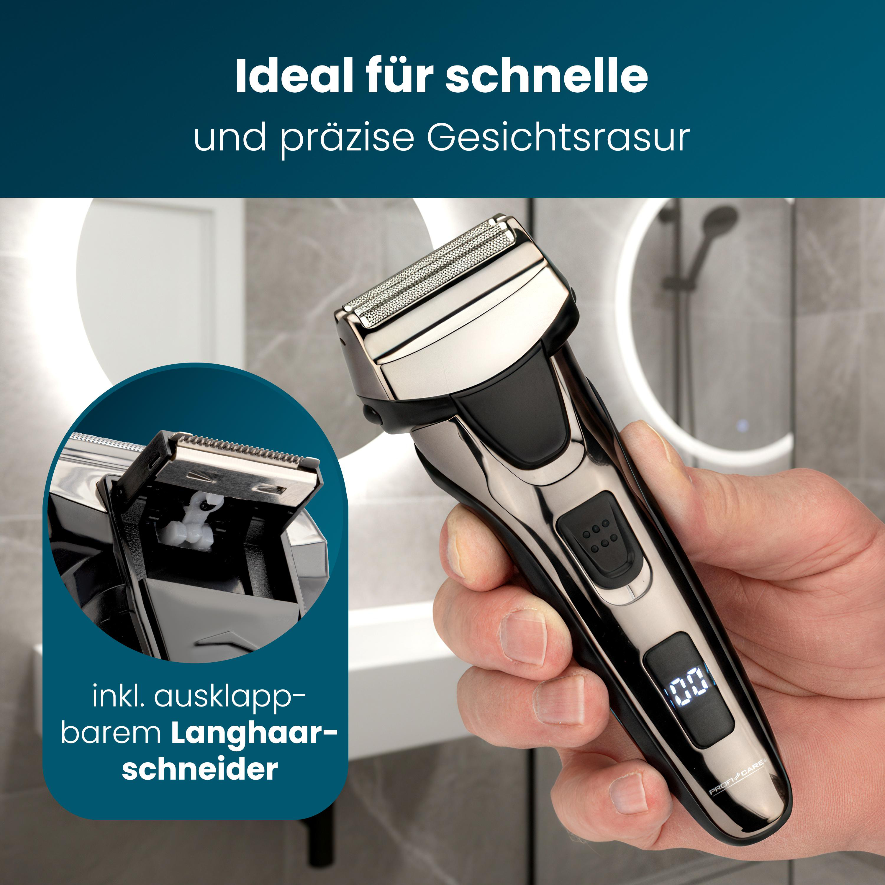 Eine Hand hält einen schwarz-silbernen Elektrorasierer mit einer Digitalanzeige „00“. Ein runder Einsatz zeigt den geöffneten Langhaarschneider des Rasierers.