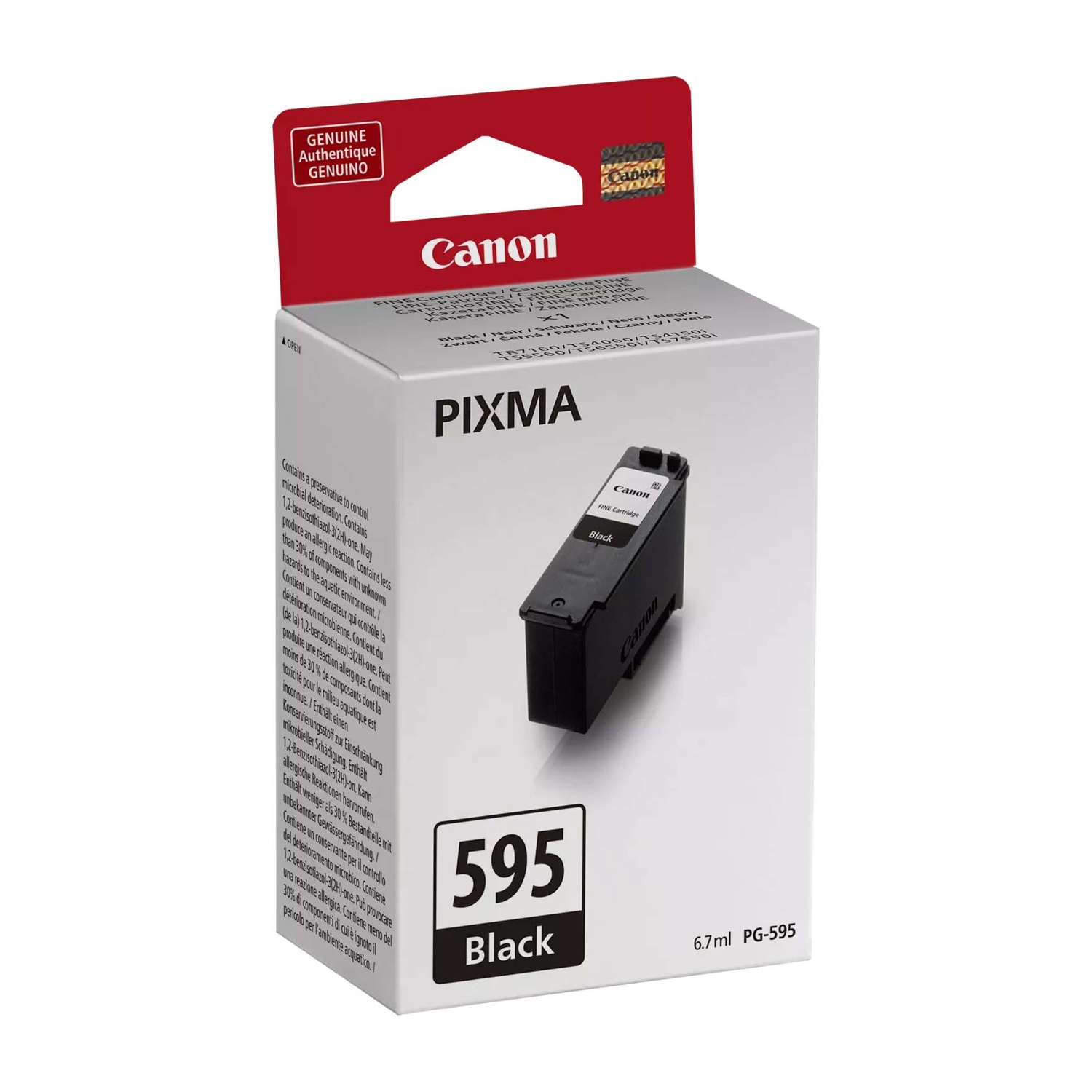 Cartuccia d'inchiostro Canon PIXMA 595 nera su scatola bianca.