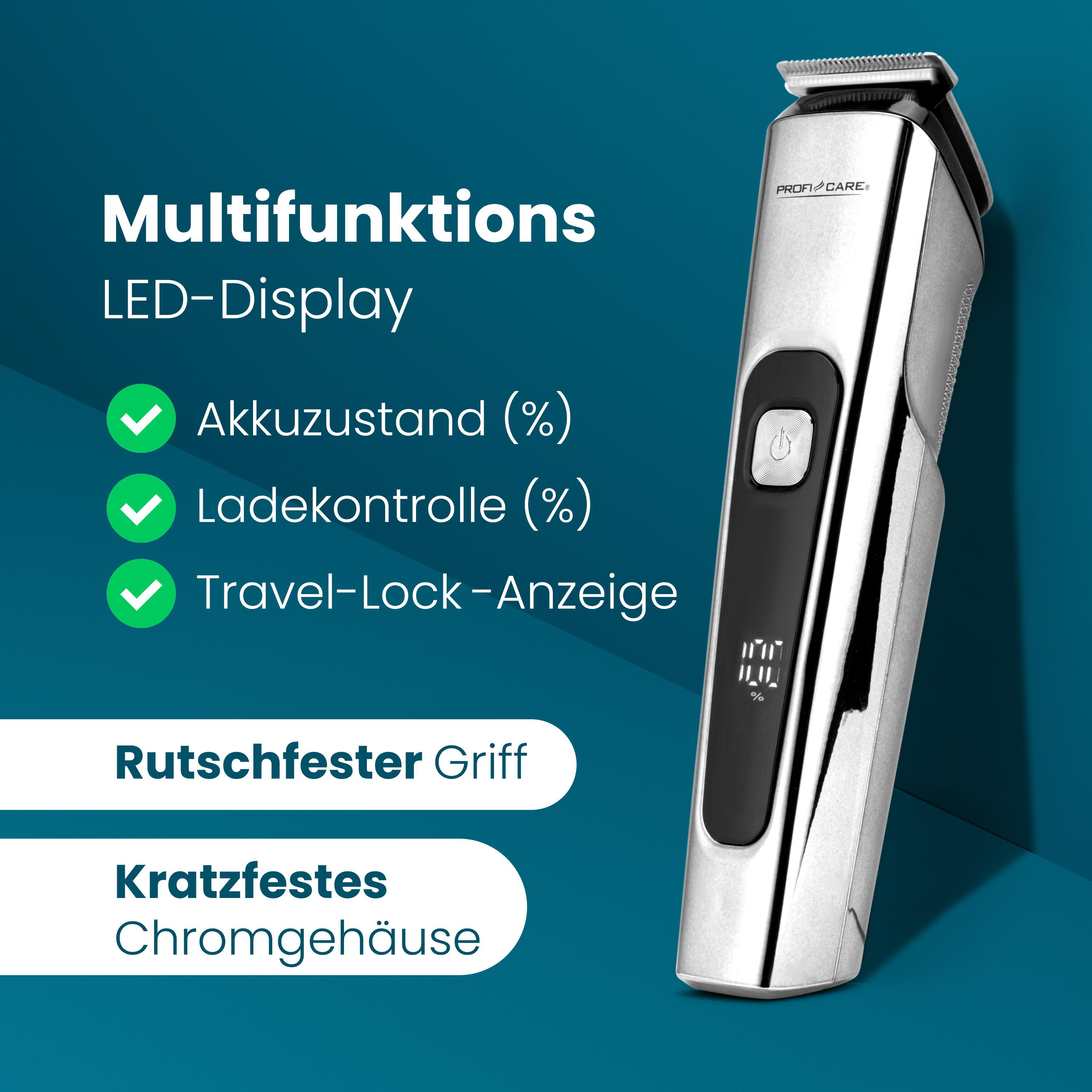 Silberner Multifunktions-Trimmer mit LED-Display, rutschfestem Griff.