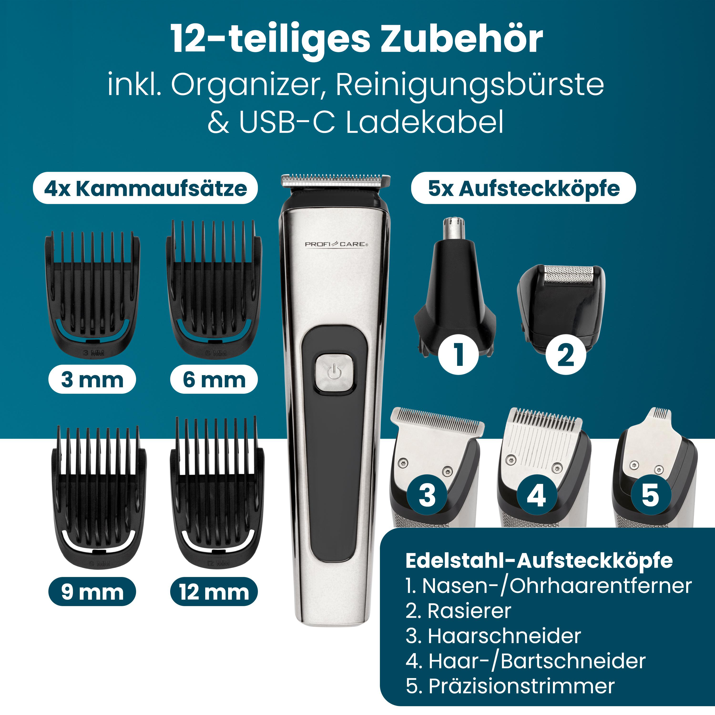 Ein Maniküre-Set mit Trimmer, 4 Kammaufsätzen und 5 Edelstahl-Aufsätzen.