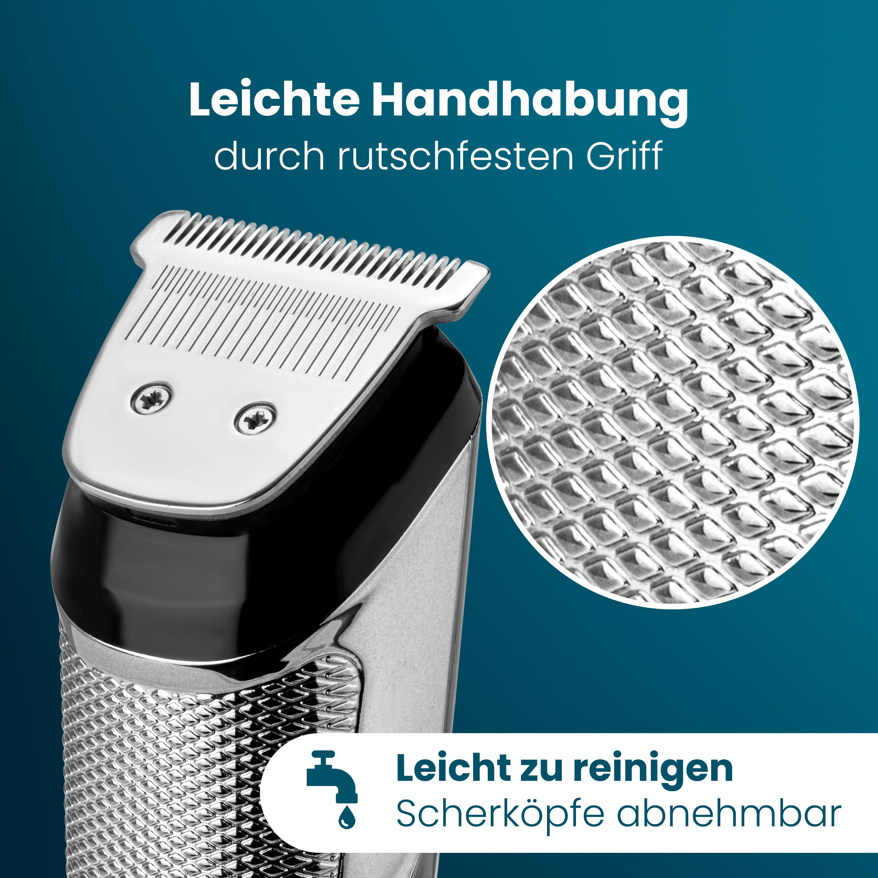 Nahaufnahme eines Trimmers mit Klingen und rutschfestem Griff. Leicht zu reinigen.