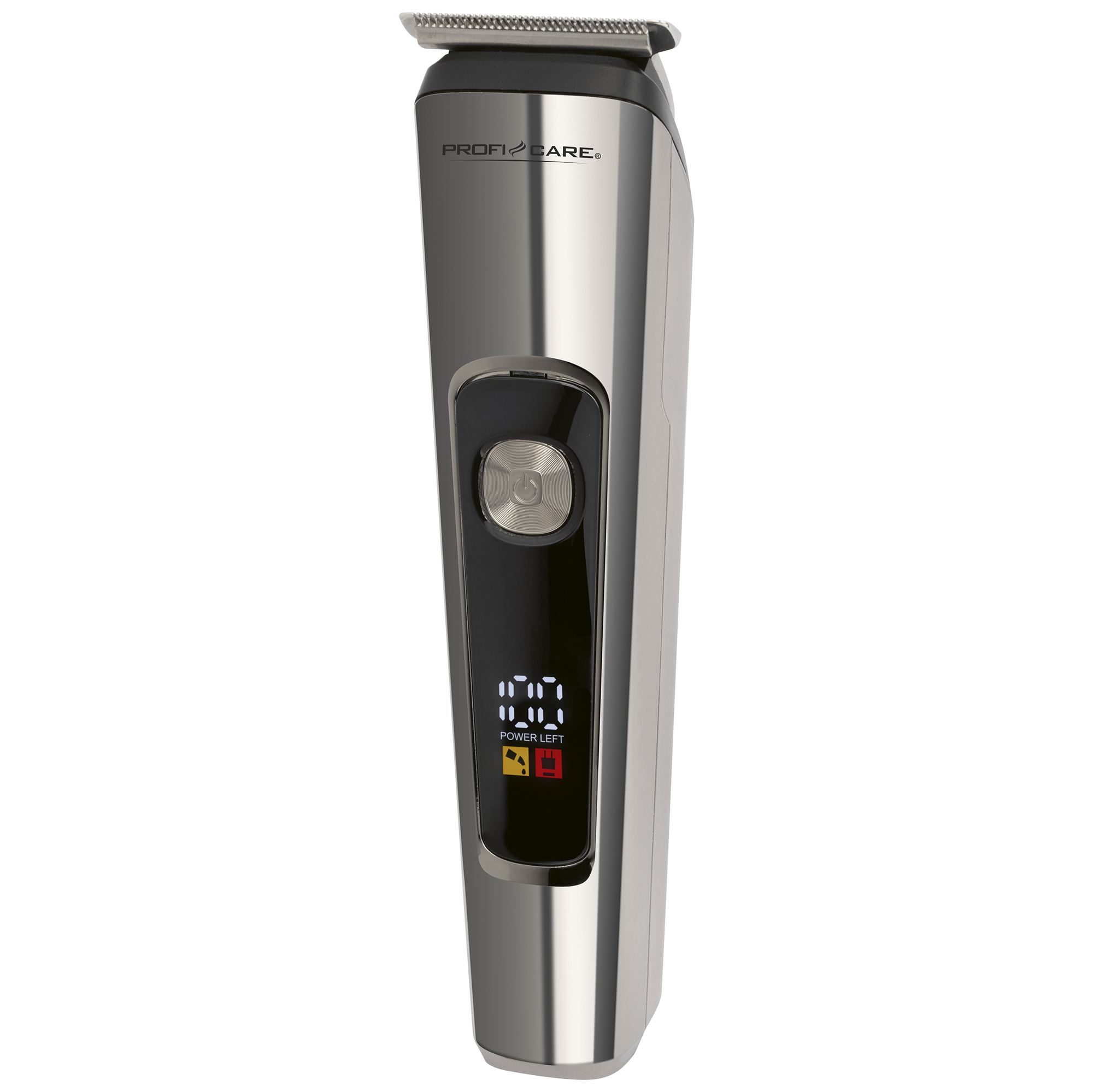 Silberner Haarschneider mit digitaler Anzeige und Power-Taste.