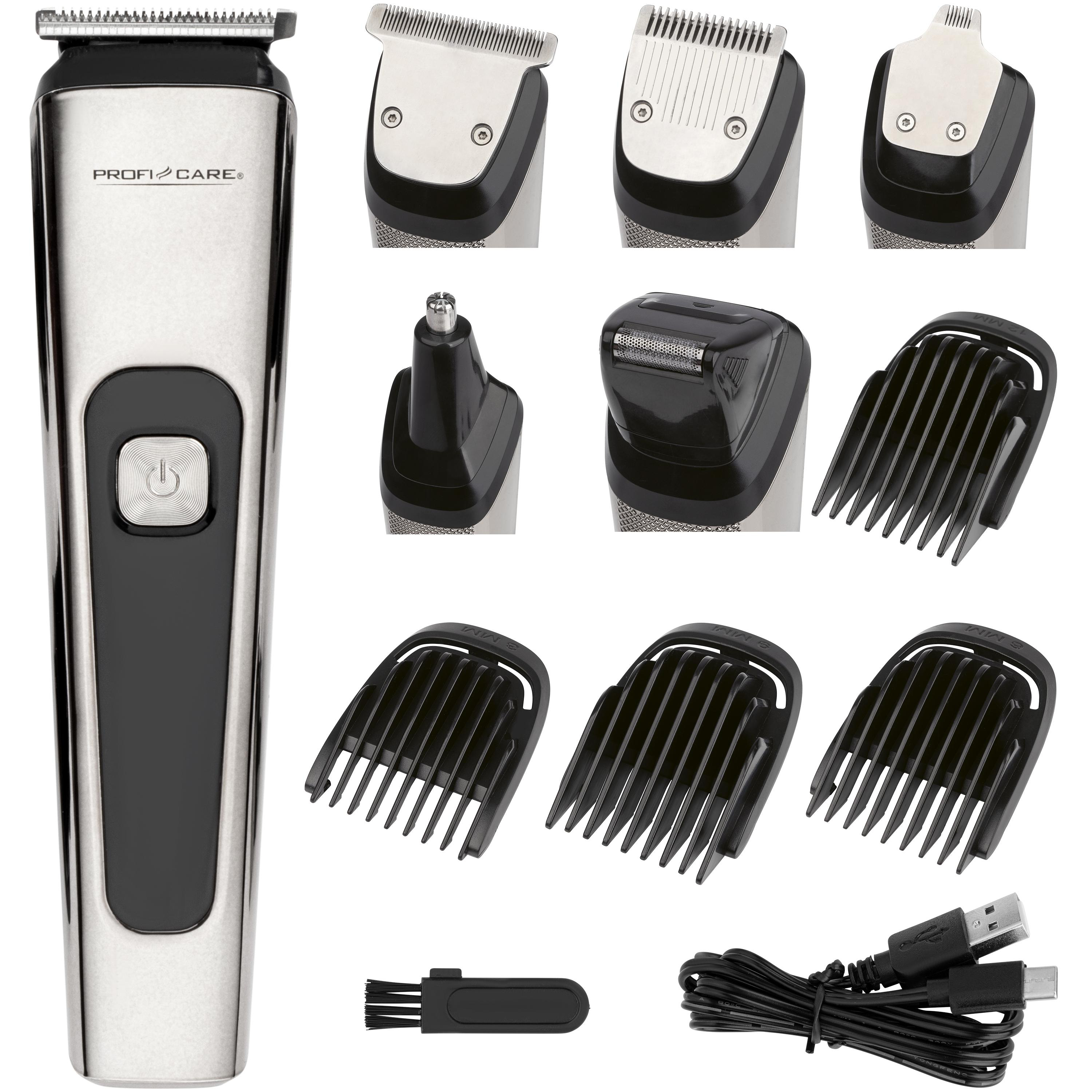 Ein silberner und schwarzer Haarschneider mit Aufsätzen, Bürste und USB-Kabel.