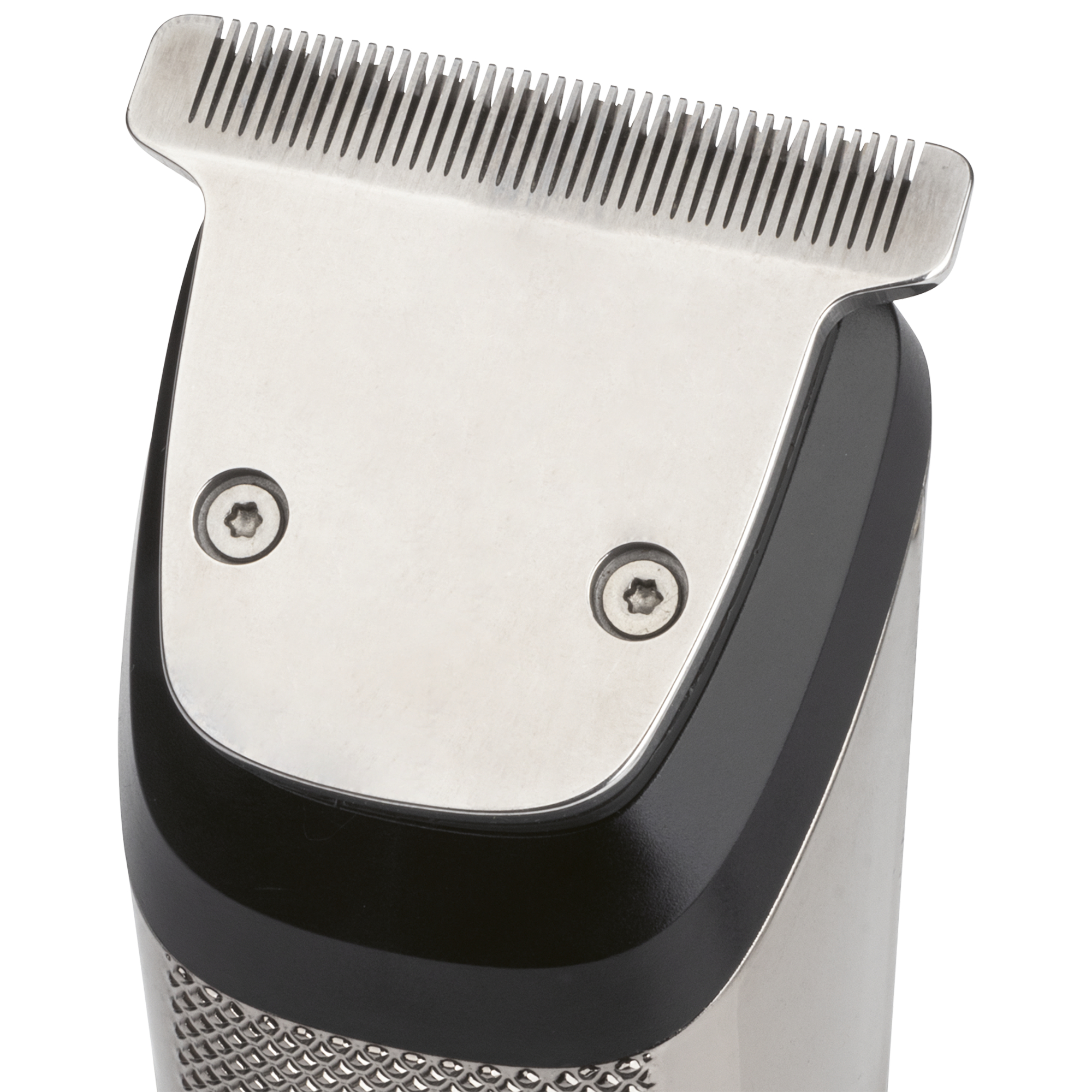 Nahaufnahme des silbernen Trimmers mit schwarzem Griff und zwei Schrauben.