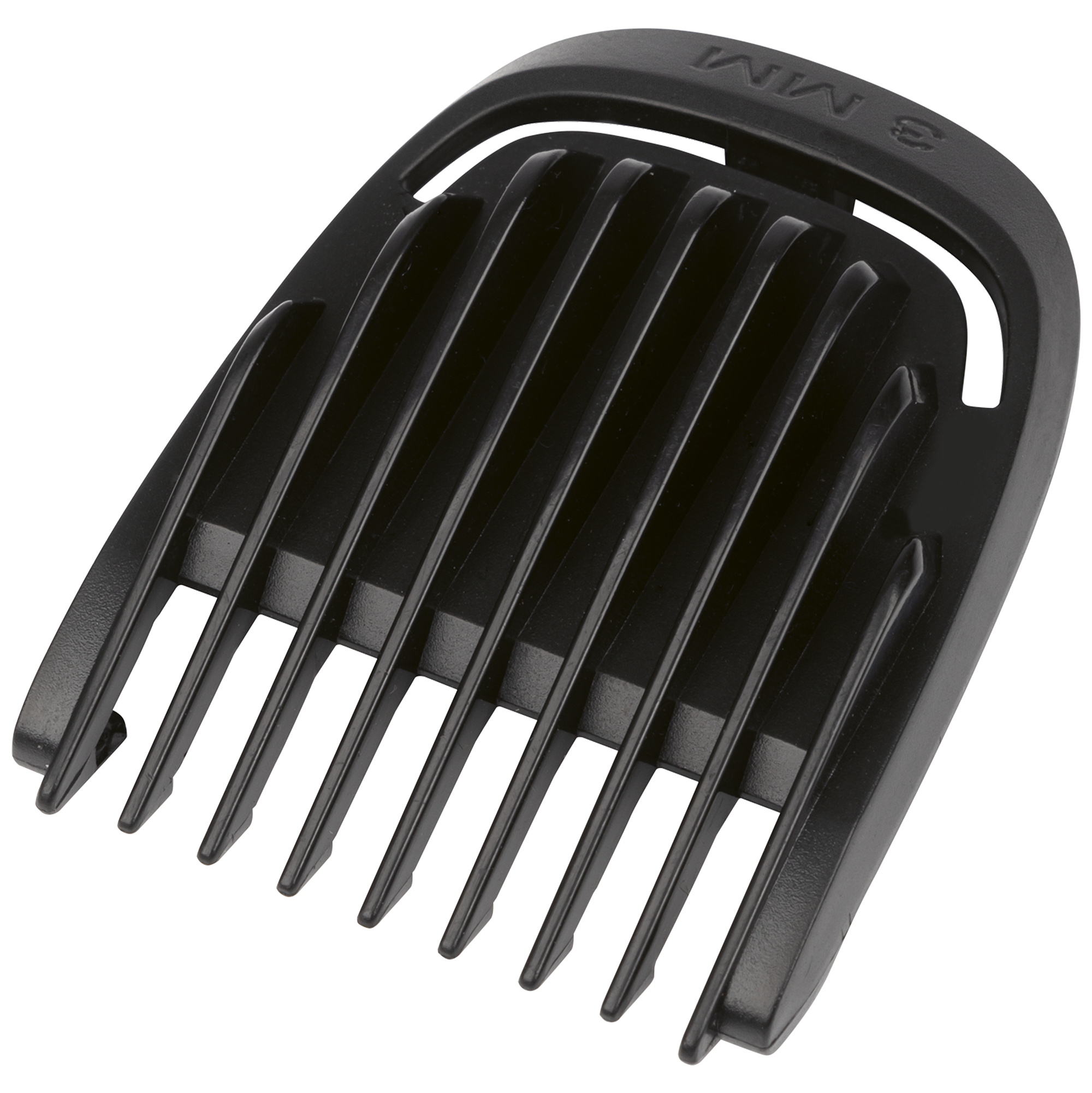 Schwarzer Kammaufsatz für Haarschneider mit 3 mm Markierung.