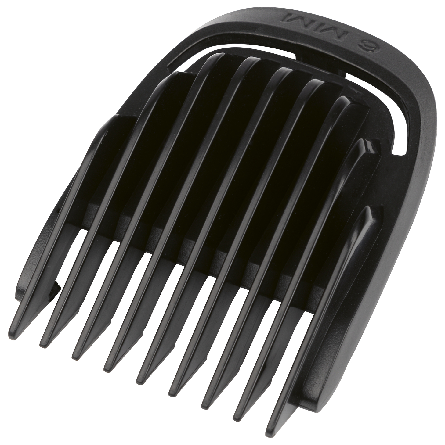 Schwarzer Aufsatzkamm für Haarschneider mit der Markierung 6 MM.