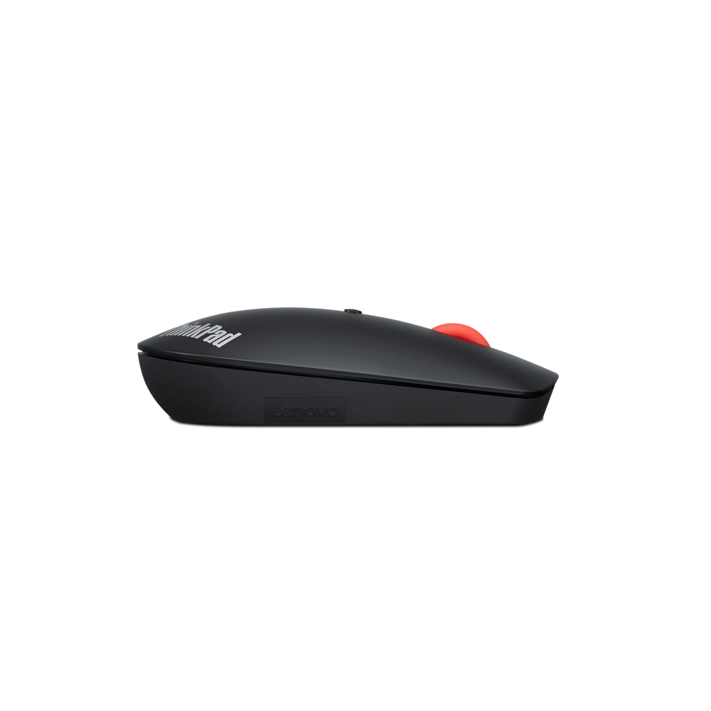 Schwarze Maus mit rotem Scrollrad und ThinkPad-Logo. Seitenansicht.