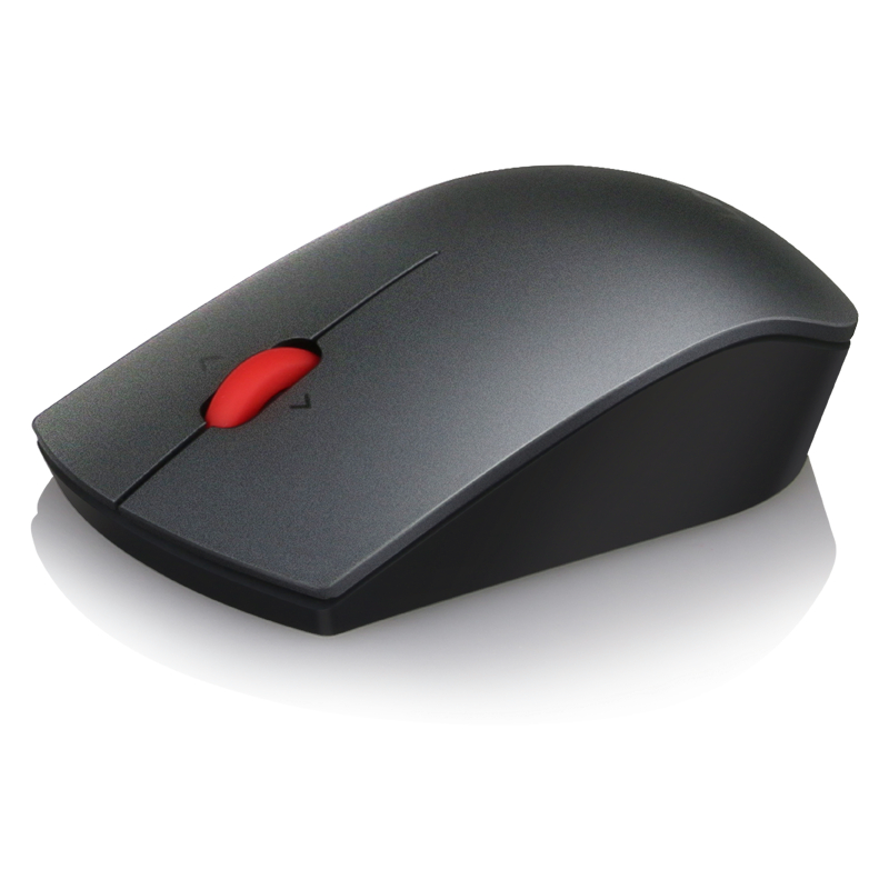 Eine dunkle Computermouse mit rotem Scrollrad auf weißem Hintergrund.