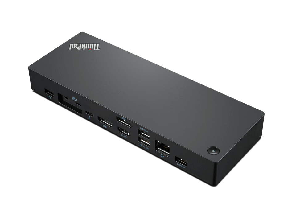 Schwarzer ThinkPad Docking-Port mit Anschlüssen: USB-C, HDMI, Ethernet, USB-A.
