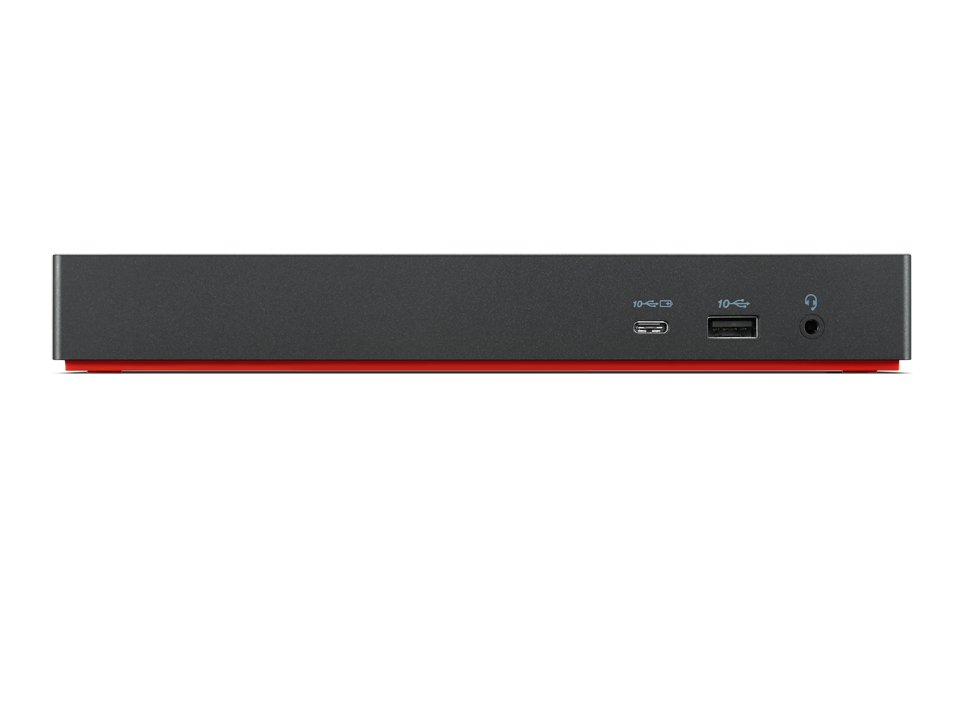 Schwarzes Gehäuse mit rotem Rand. Anschlüsse: USB-C, USB-A, Kopfhörer.