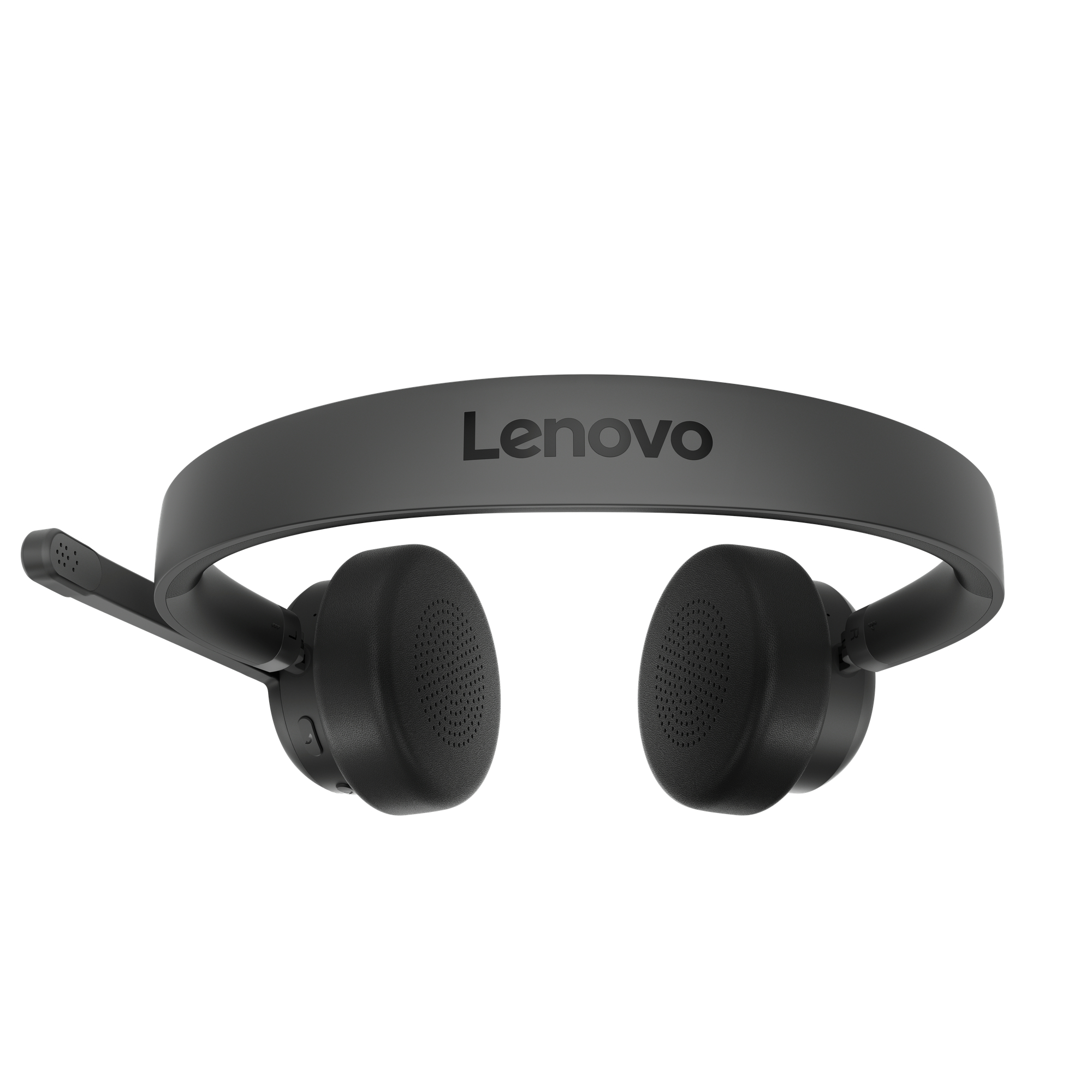 Schwarze Lenovo-Kopfhörer mit Mikrofon und gepolsterten Ohrmuscheln.