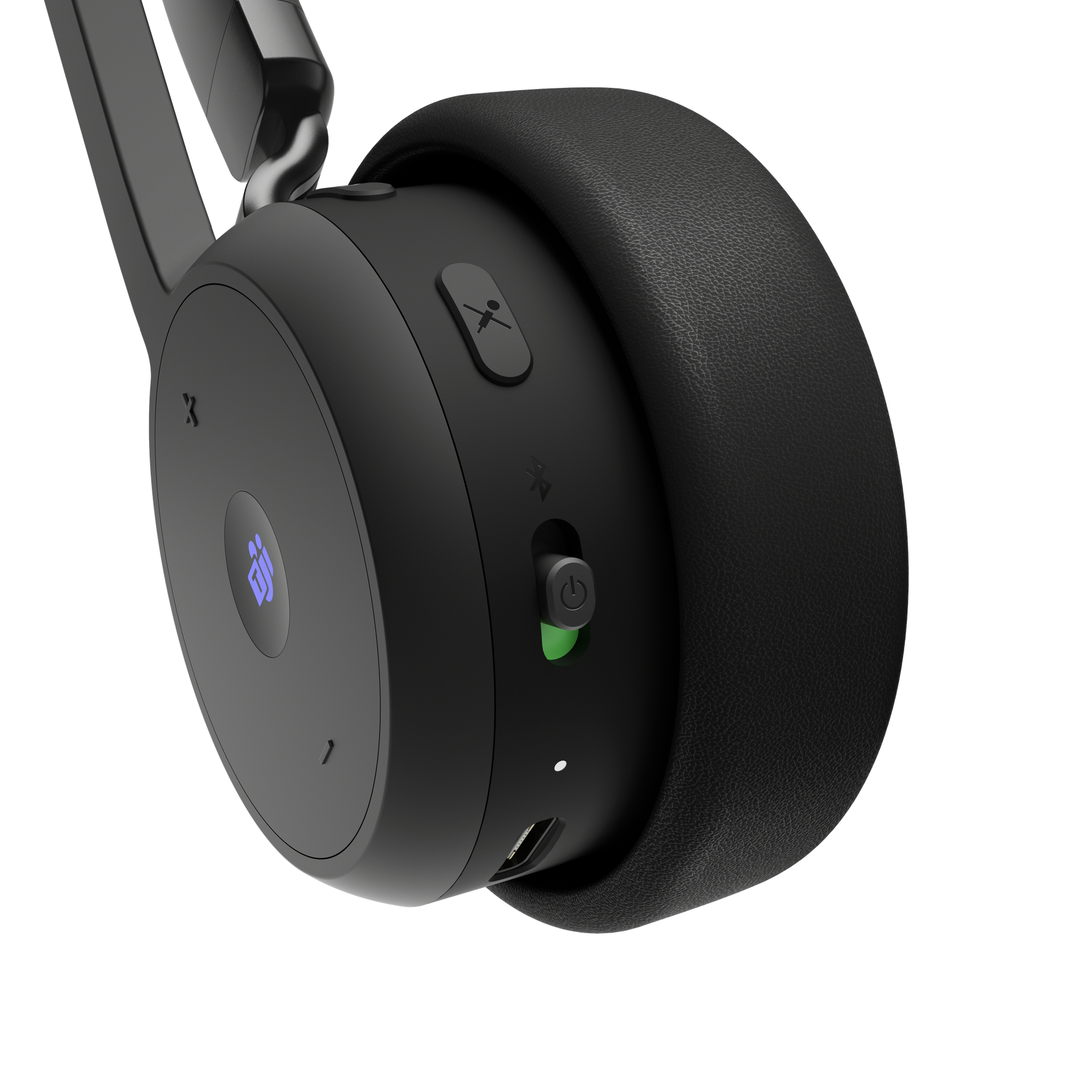 Schwarzer Kopfhörer mit Power-Taste, Bluetooth-Symbol und Teams-Logo.
