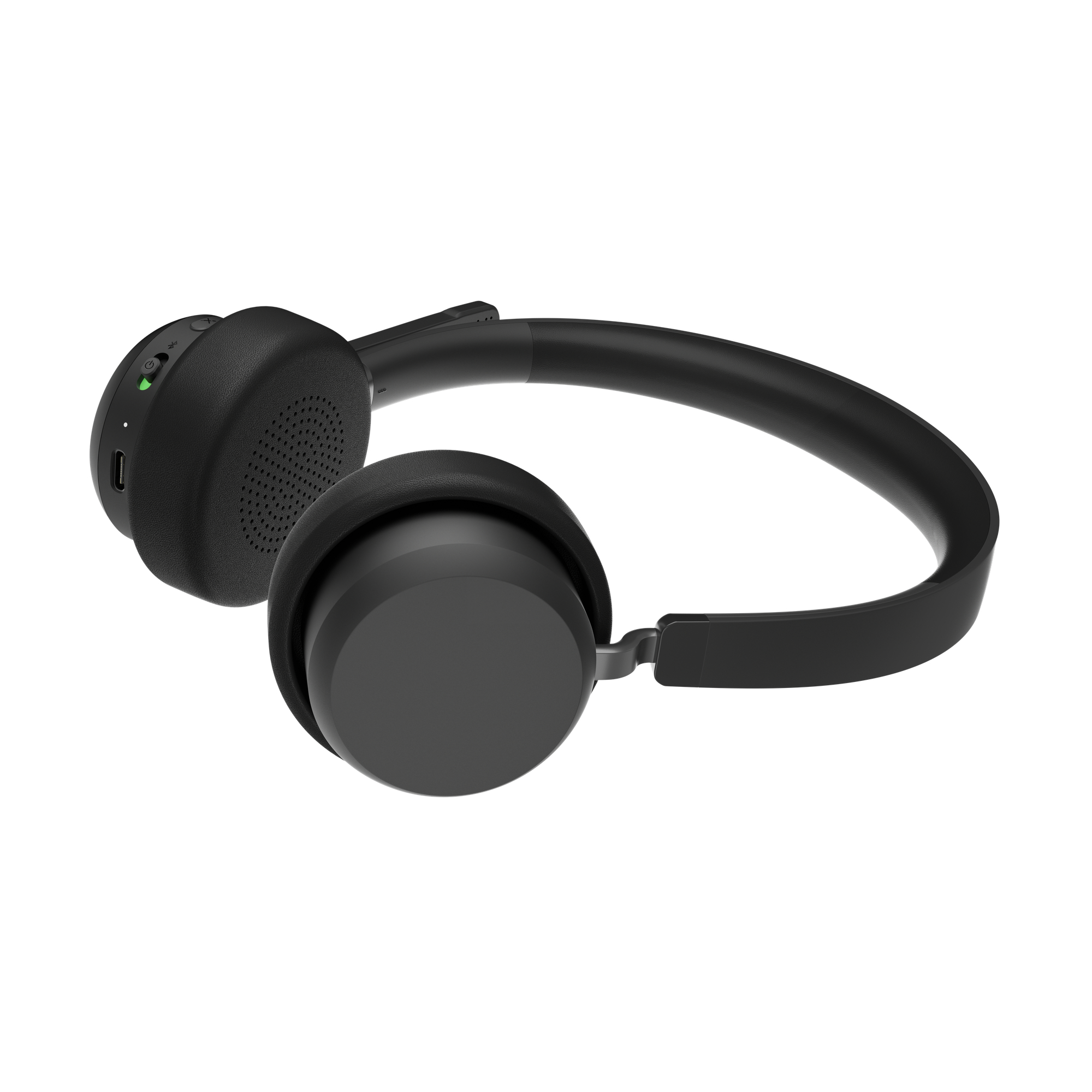 Schwarze Over-Ear-Kopfhörer mit Mikrofon und Ladeanschluss.
