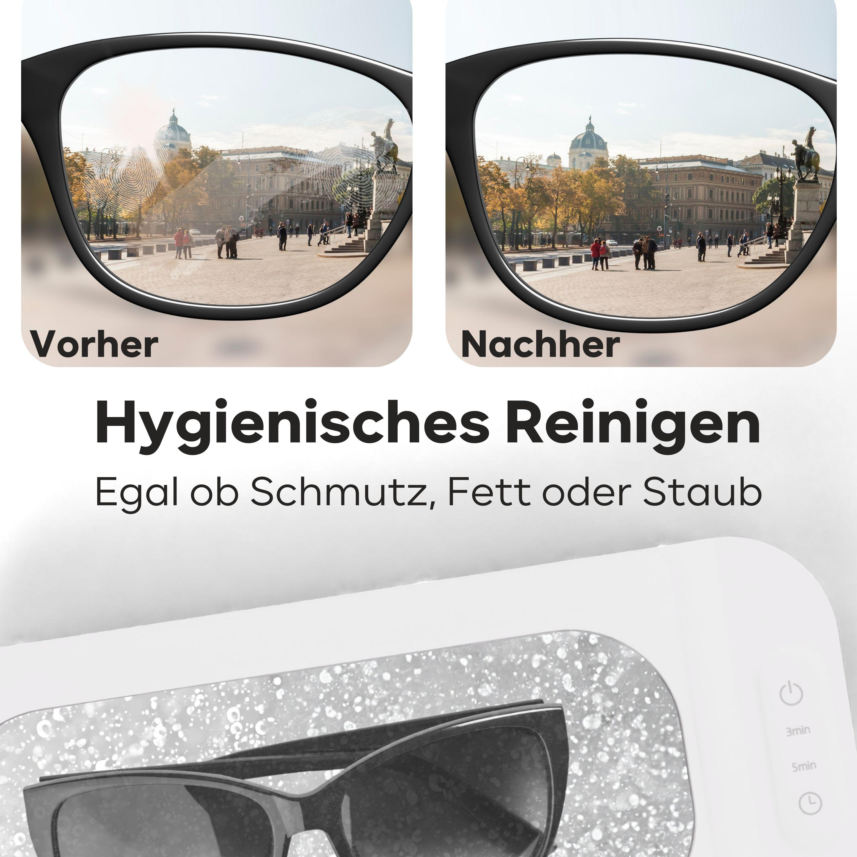 Brille mit Fingerabdrücken und eine saubere Brille über Stadtansicht.