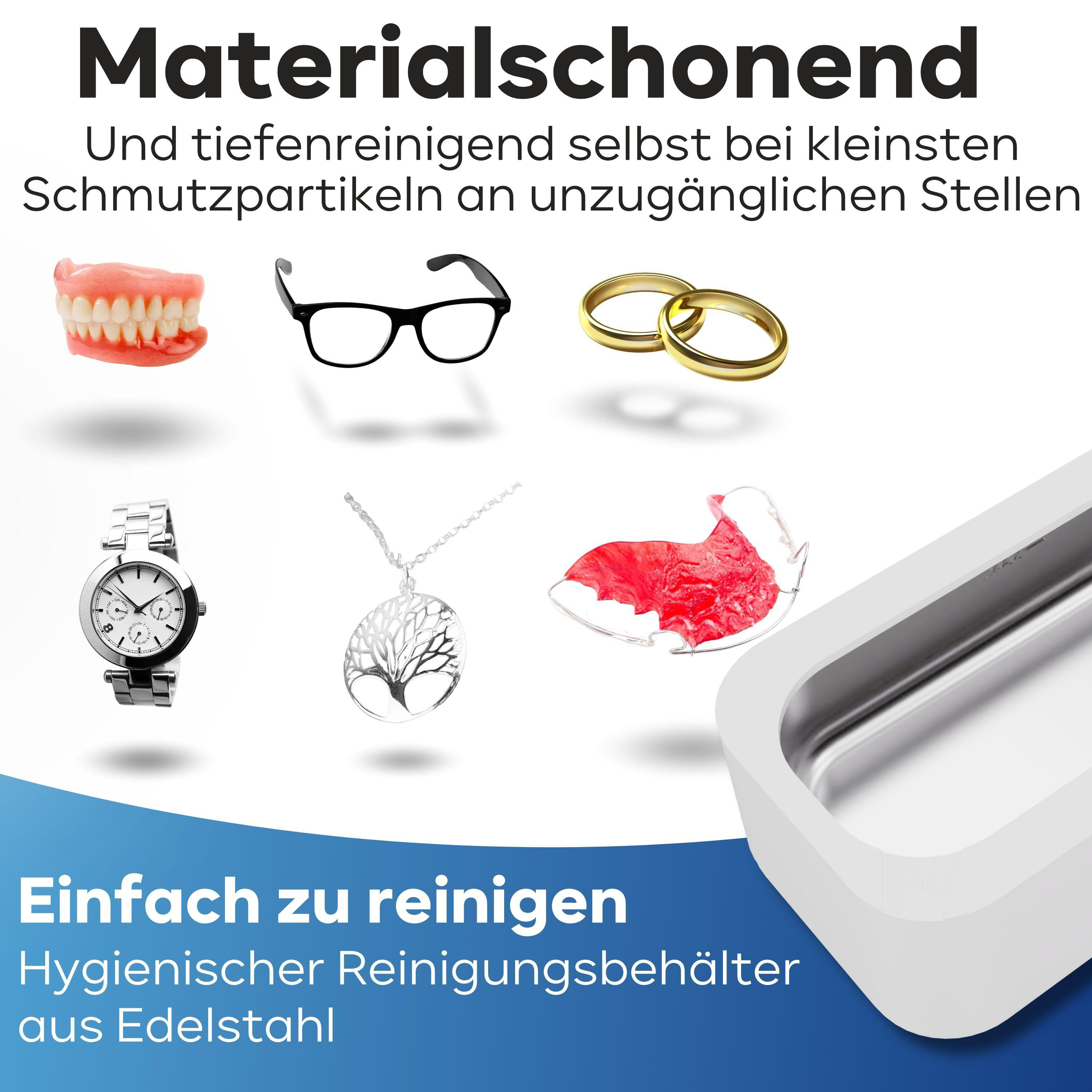 Prothese, Brille, Ringe, Uhr, Kette, Gebissreiniger und Ultraschallreiniger.