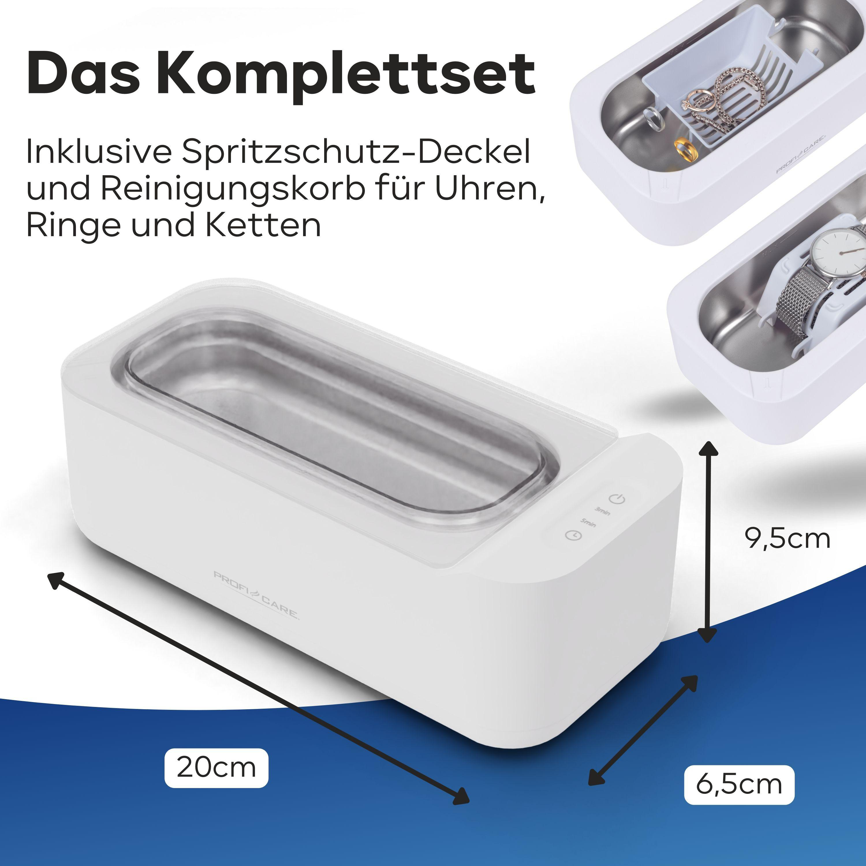 Ein weißes Ultraschallreinigungsgerät mit Schmuck und einer Uhr im Inneren.