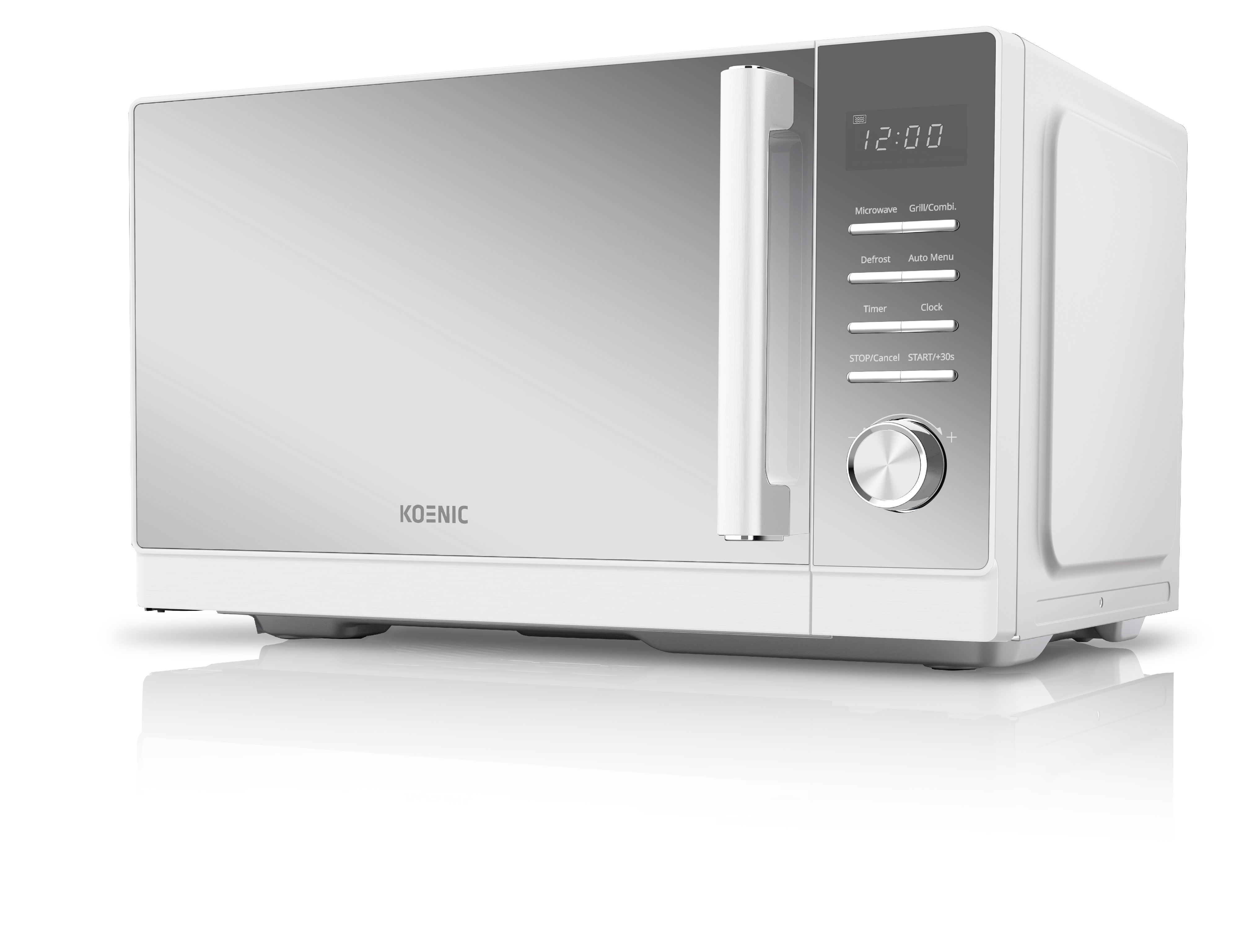 Biała kuchenka mikrofalowa z srebrną rączką i cyfrowym wyświetlaczem pokazującym 12:00.
