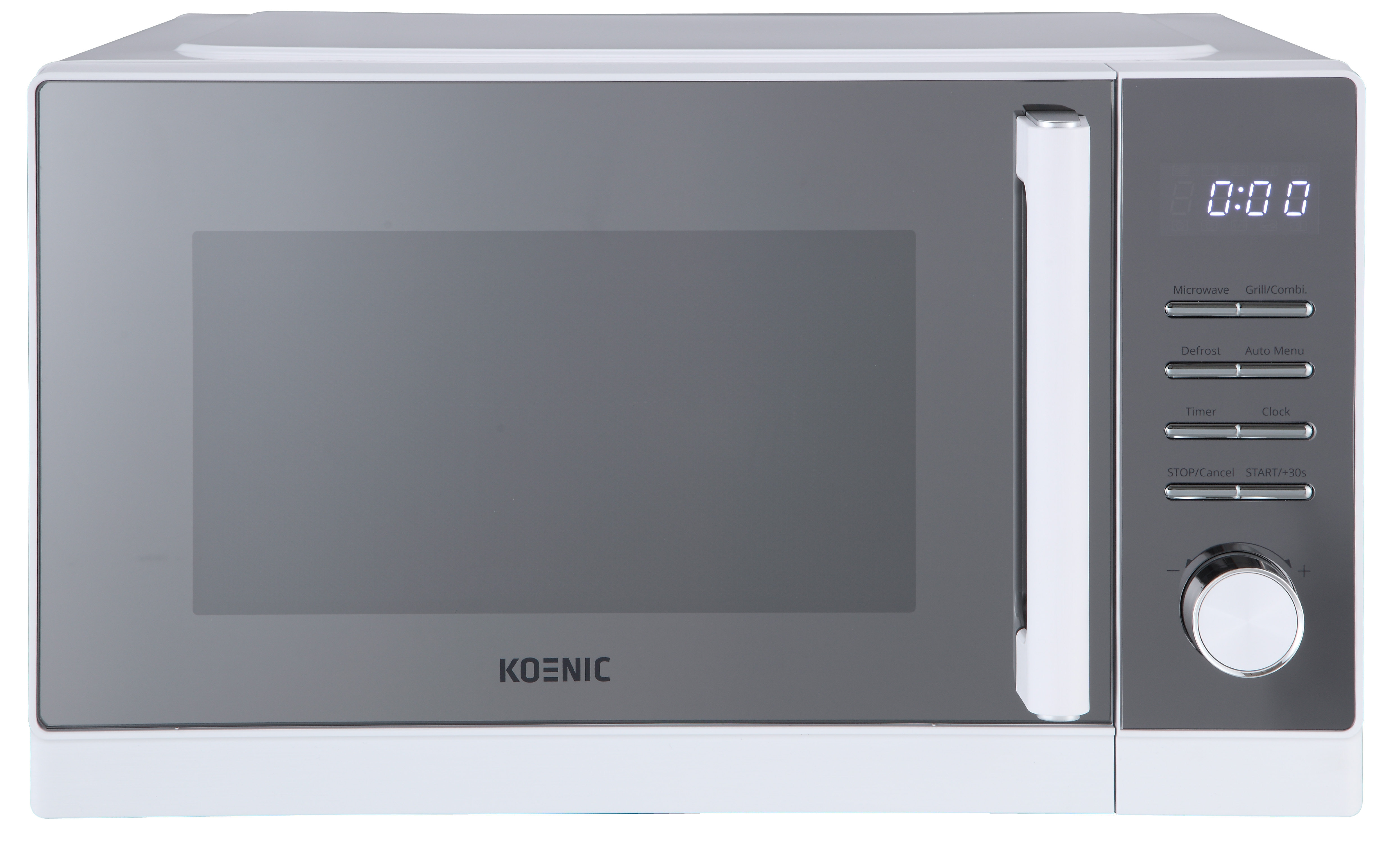 Biała kuchenka mikrofalowa z srebrną rączką i cyfrowym wyświetlaczem.