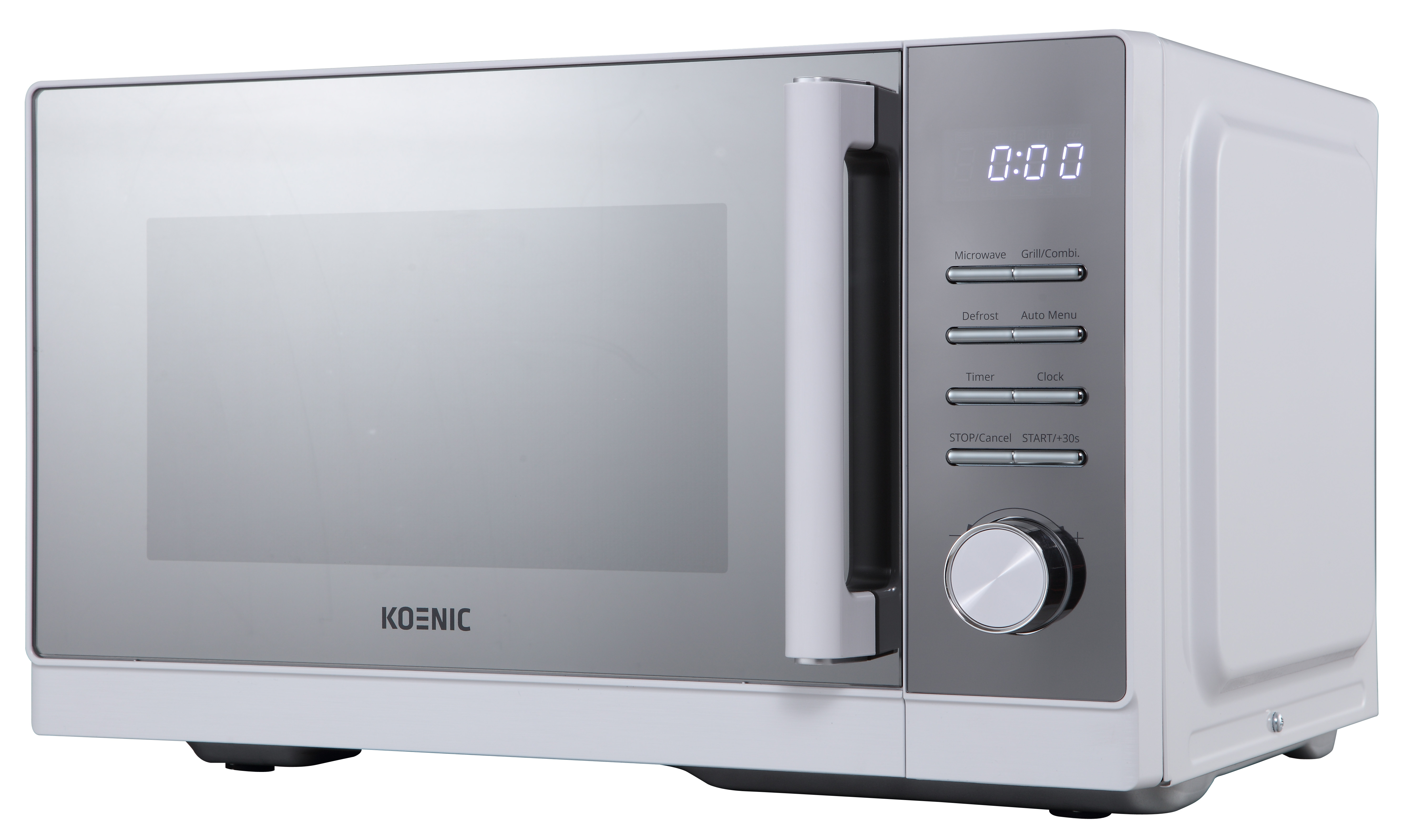 Biała kuchenka mikrofalowa Koenic z cyfrowym wyświetlaczem i przyciskami sterującymi.