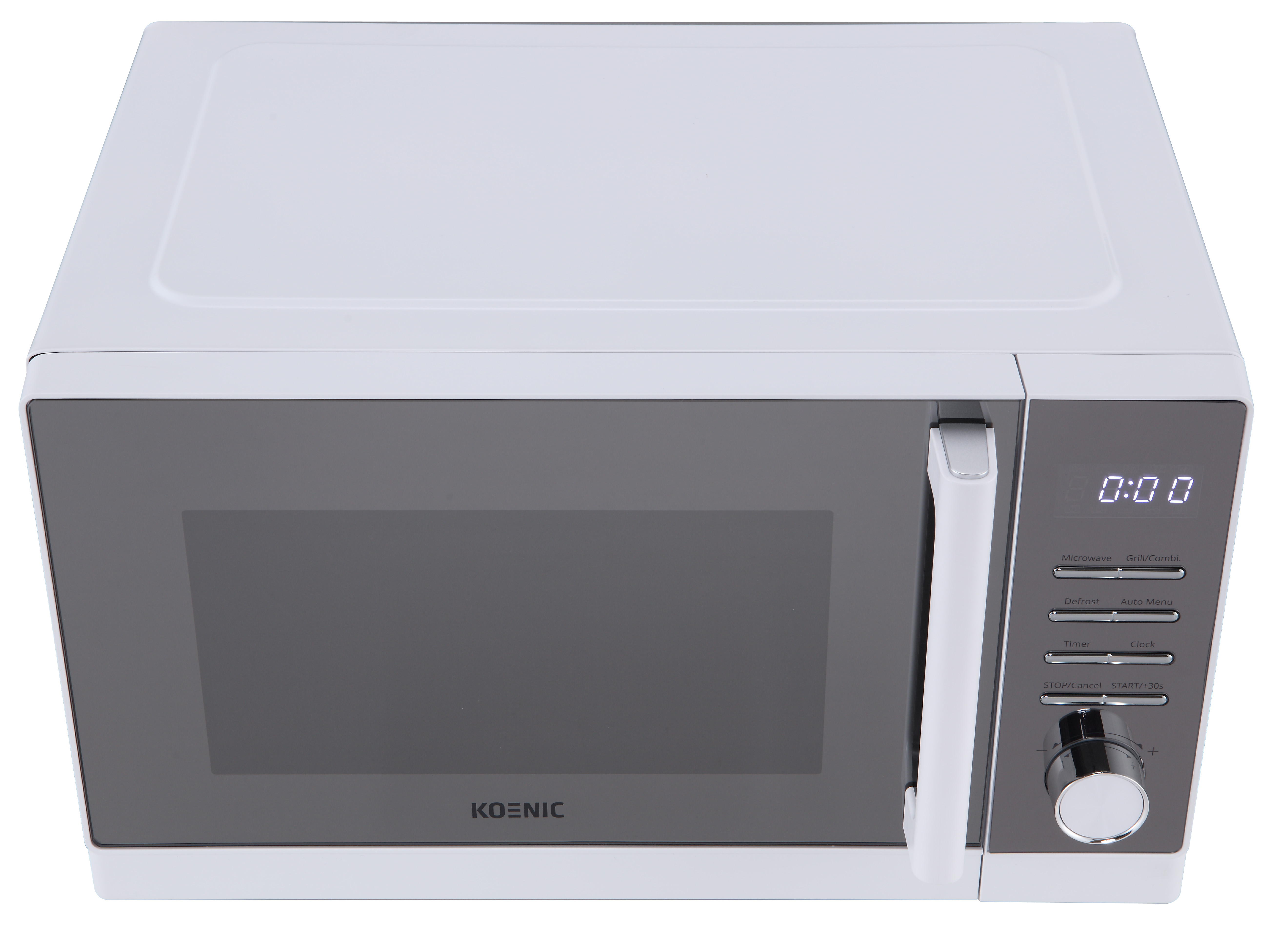 Biała kuchenka mikrofalowa z cyfrowym wyświetlaczem i panelem sterowania.