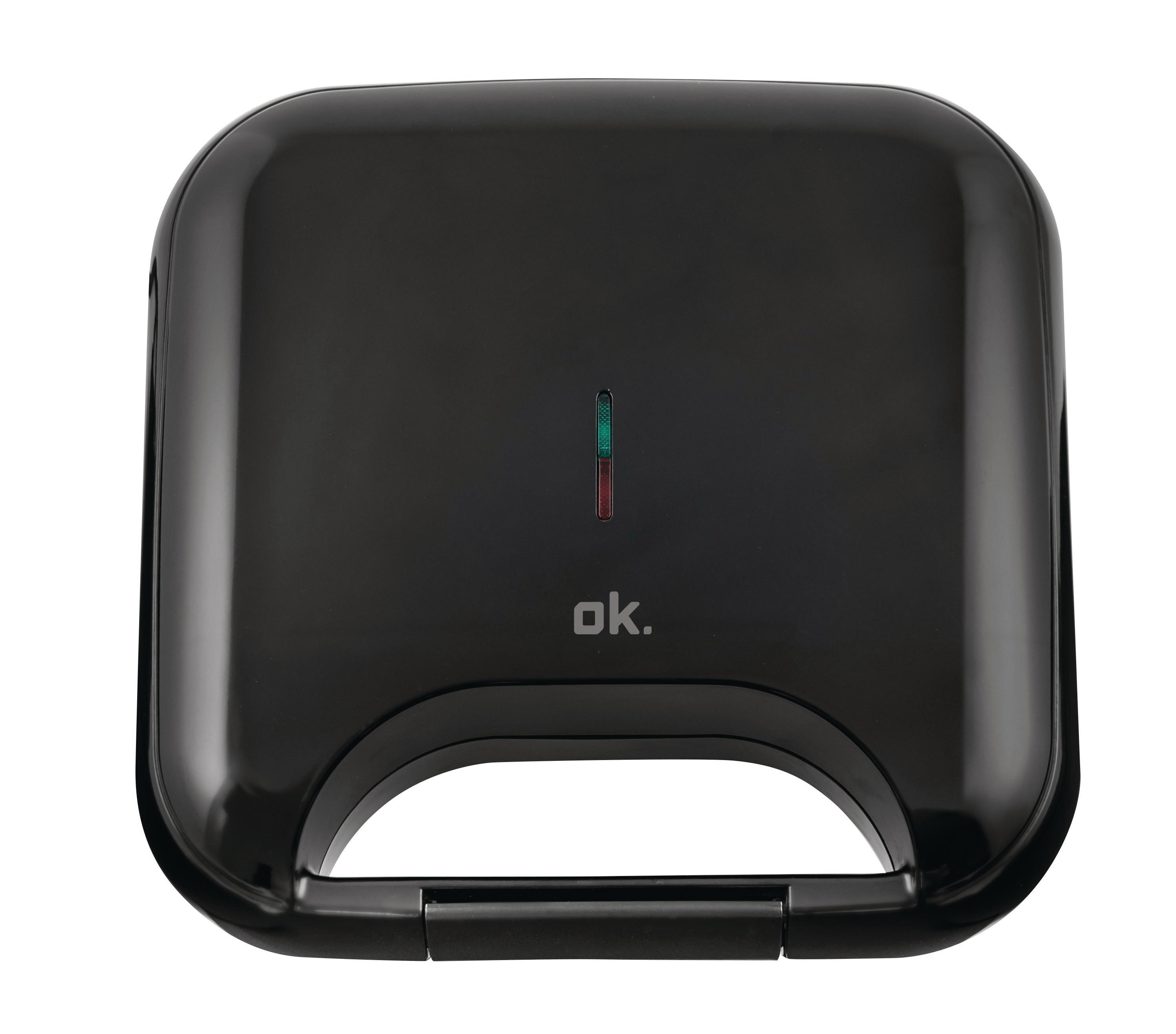 Czarna opiekaczka do kanapek z czerwonym i zielonym wskaźnikiem i logo 'ok.'.