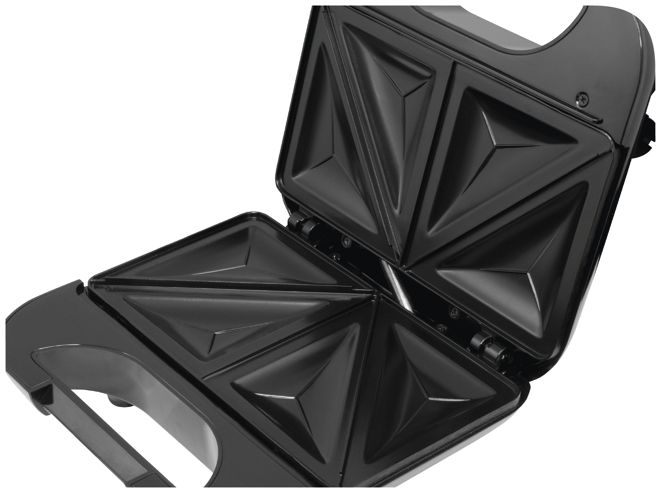 Otwarty czarny opiekacz do kanapek z trójkątnymi płytami grzewczymi.