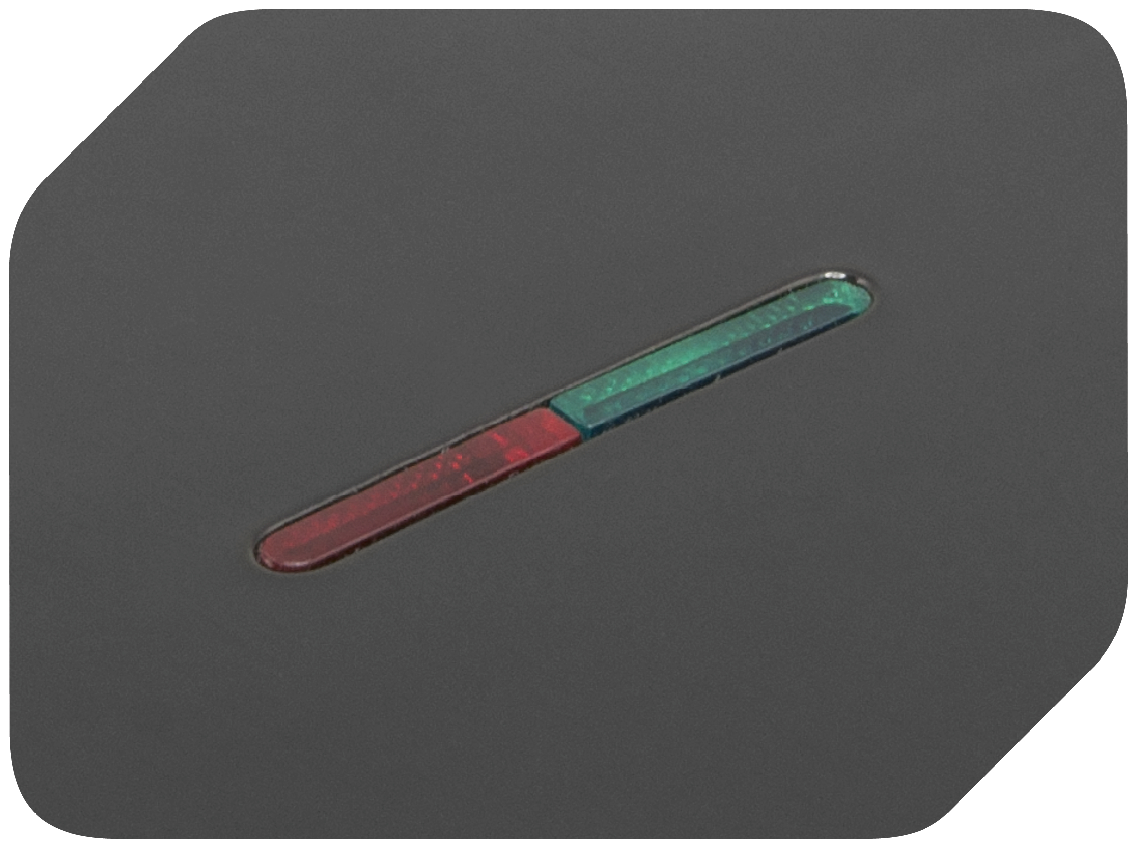 Czarna obudowa z wąskim, poziomym paskiem światła świecącym na czerwono i zielono.