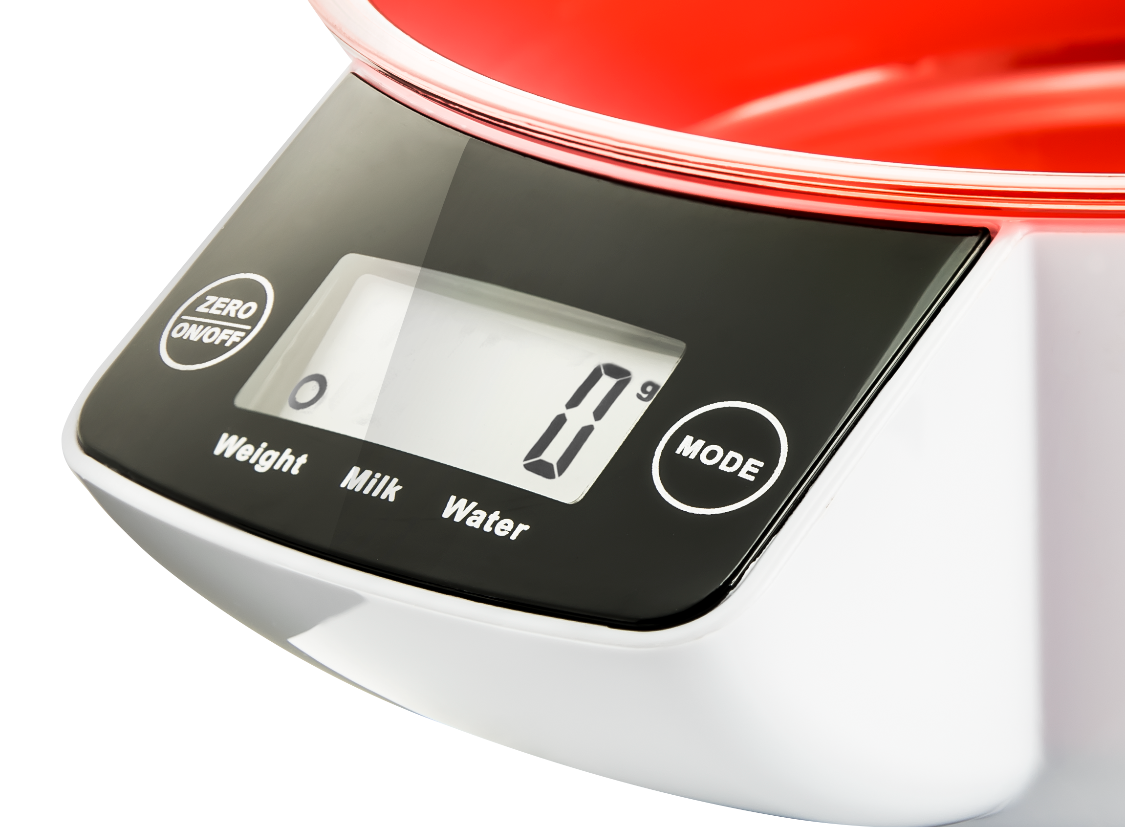 Biała waga kuchenna z czerwonym brzegiem i wyświetlaczem cyfrowym pokazuje 0g.