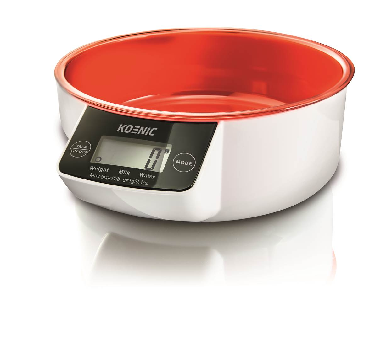 Biała waga kuchenna z czerwonym naczyniem i cyfrowym wyświetlaczem.