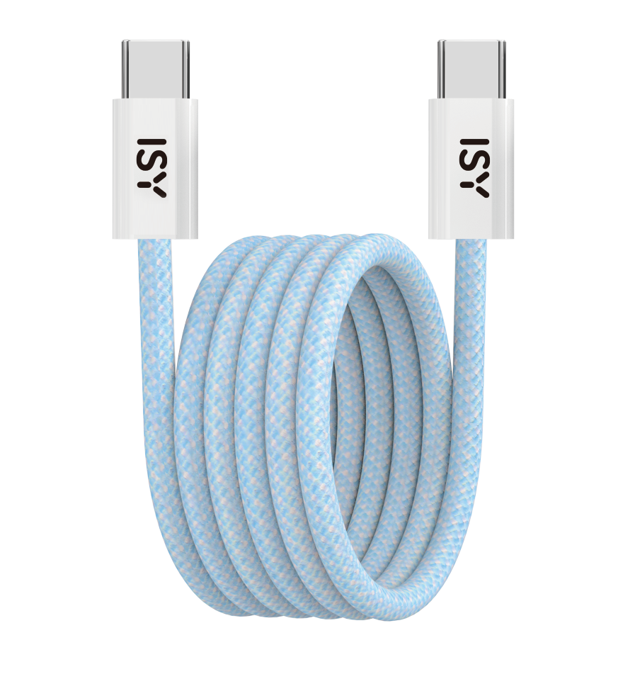 Jasnoniebieski kabel USB-C ISY zwinięty na białym tle.