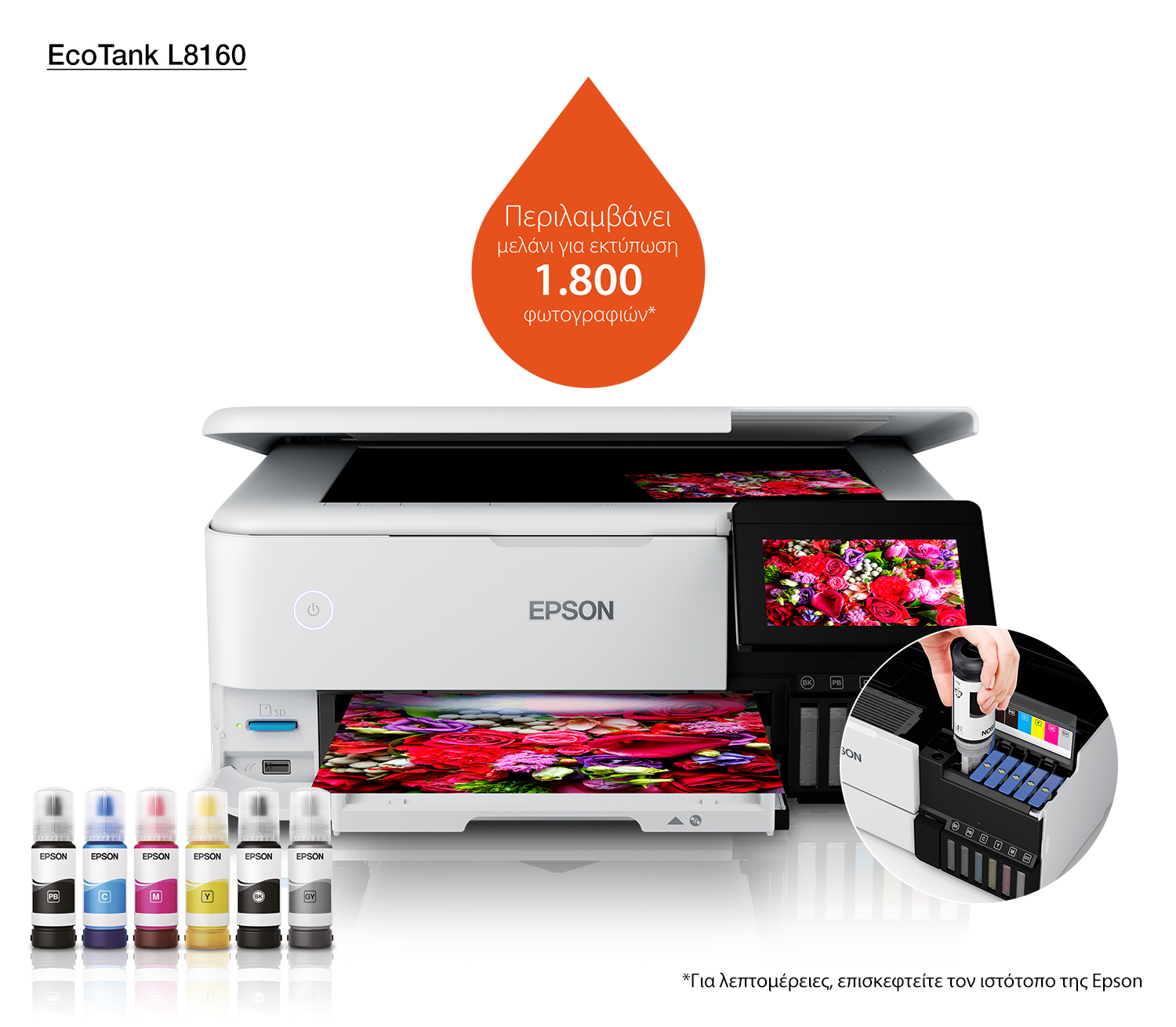 Biała drukarka Epson EcoTank L8160 z sześcioma butelkami z atramentem i wydrukowanym obrazem.