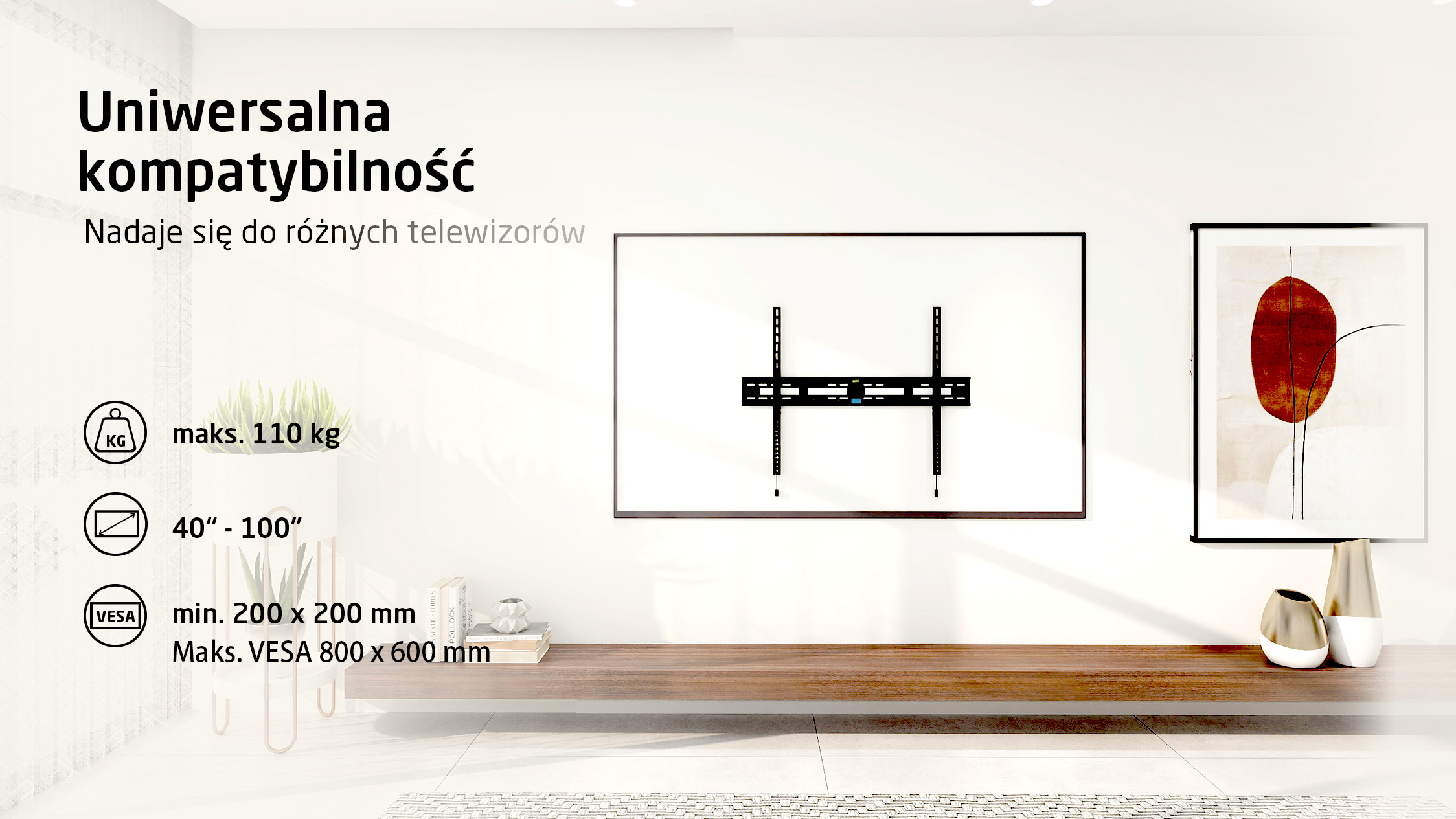 Czarny uchwyt ścienny do TV 40-100 cali, maks. 110 kg.