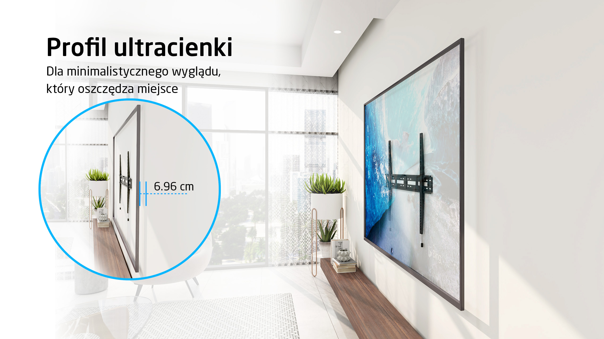 Ultra-cienki telewizor zamontowany blisko ściany. Wyróżniono pomiar 6,96 cm.