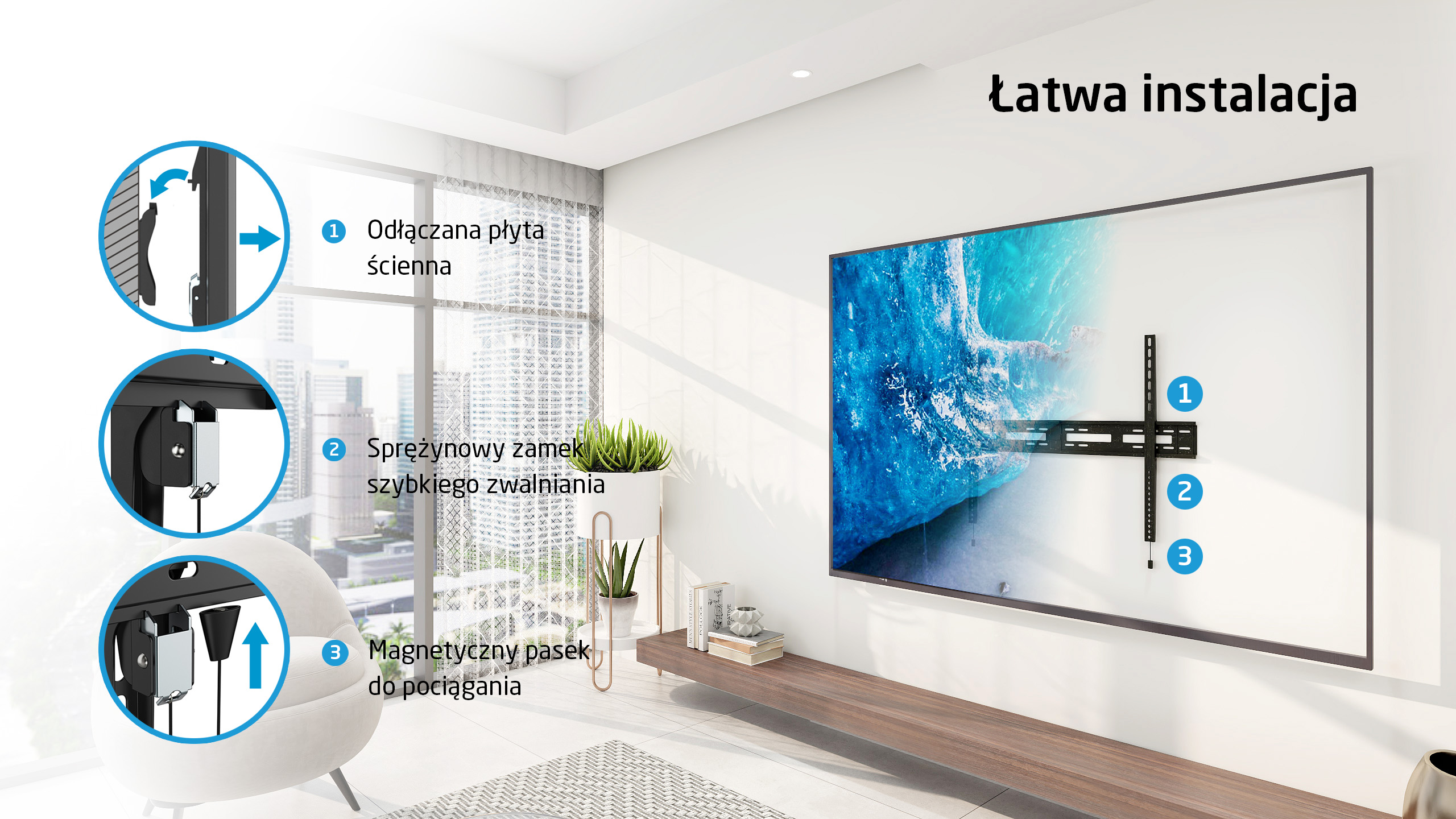 Obraz pokazuje przewodnik instalacji uchwytu ściennego TV w trzech krokach.