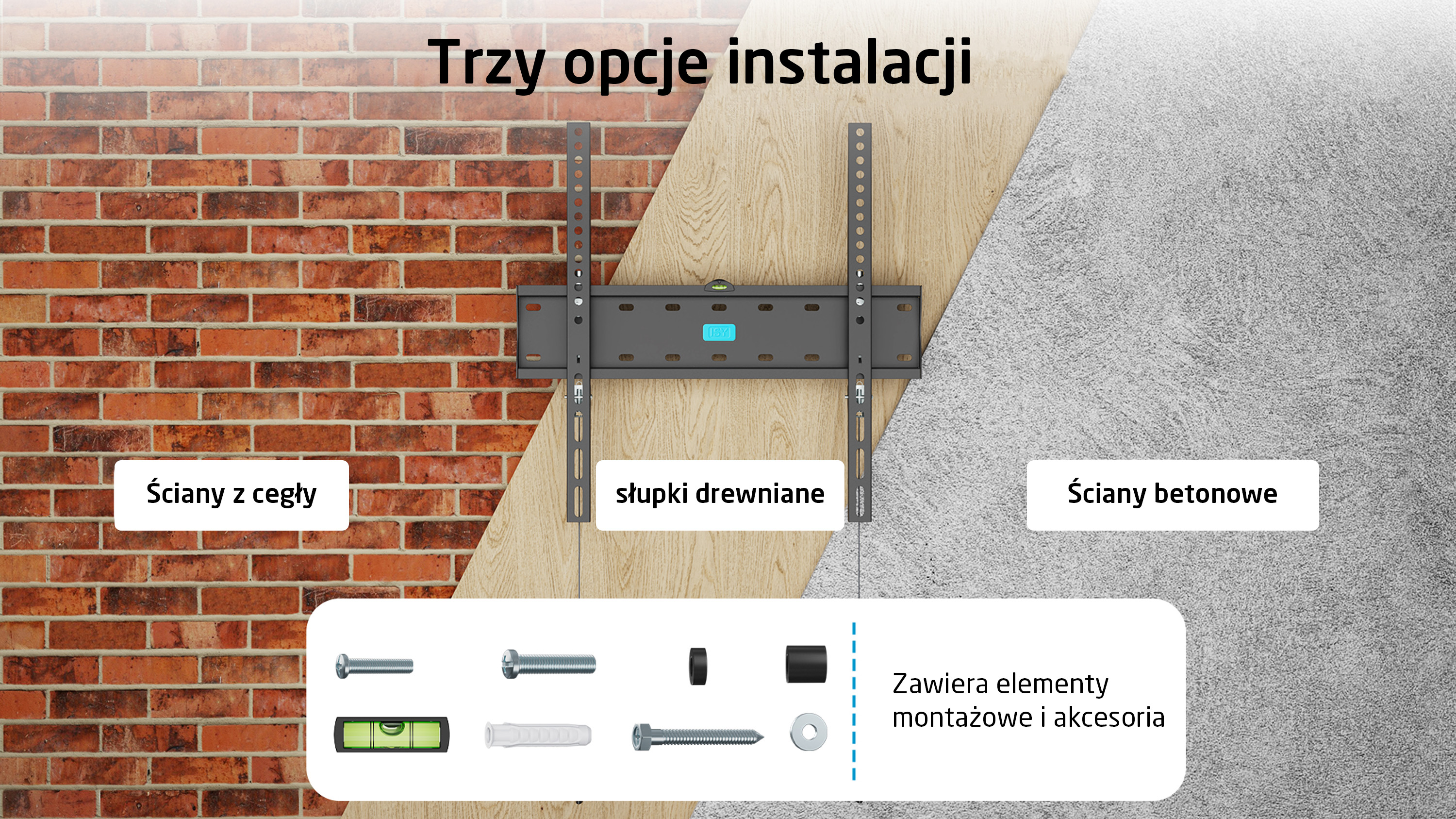 Uchwyt ścienny TV do ścian z cegły, drewna lub betonu.
