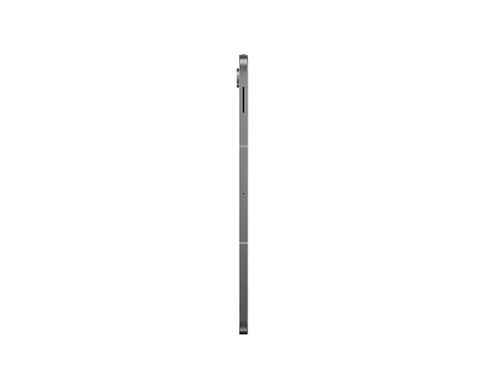 Szary tablet w orientacji pionowej, widok z boku z kamerą i portem ładowania.