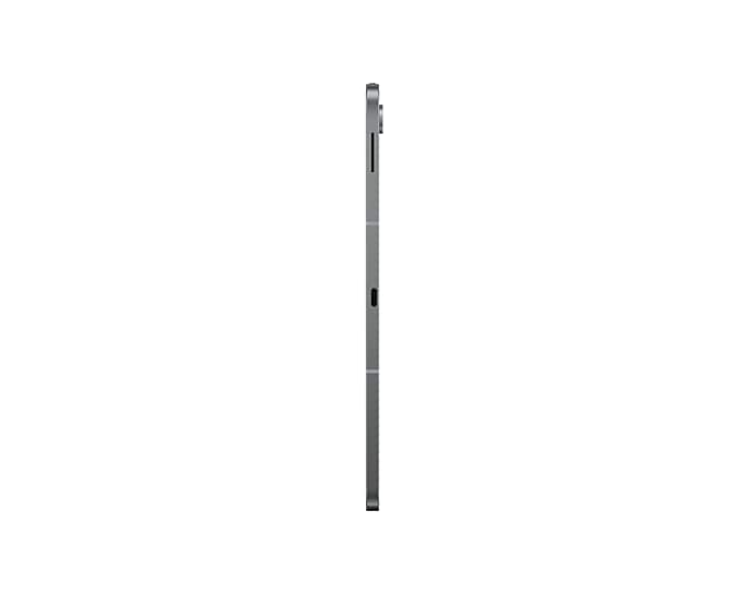 Szary tablet z profilu na białym tle.