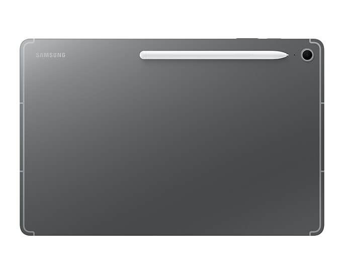 Tył szarego tabletu Samsung z rysikiem i aparatem.