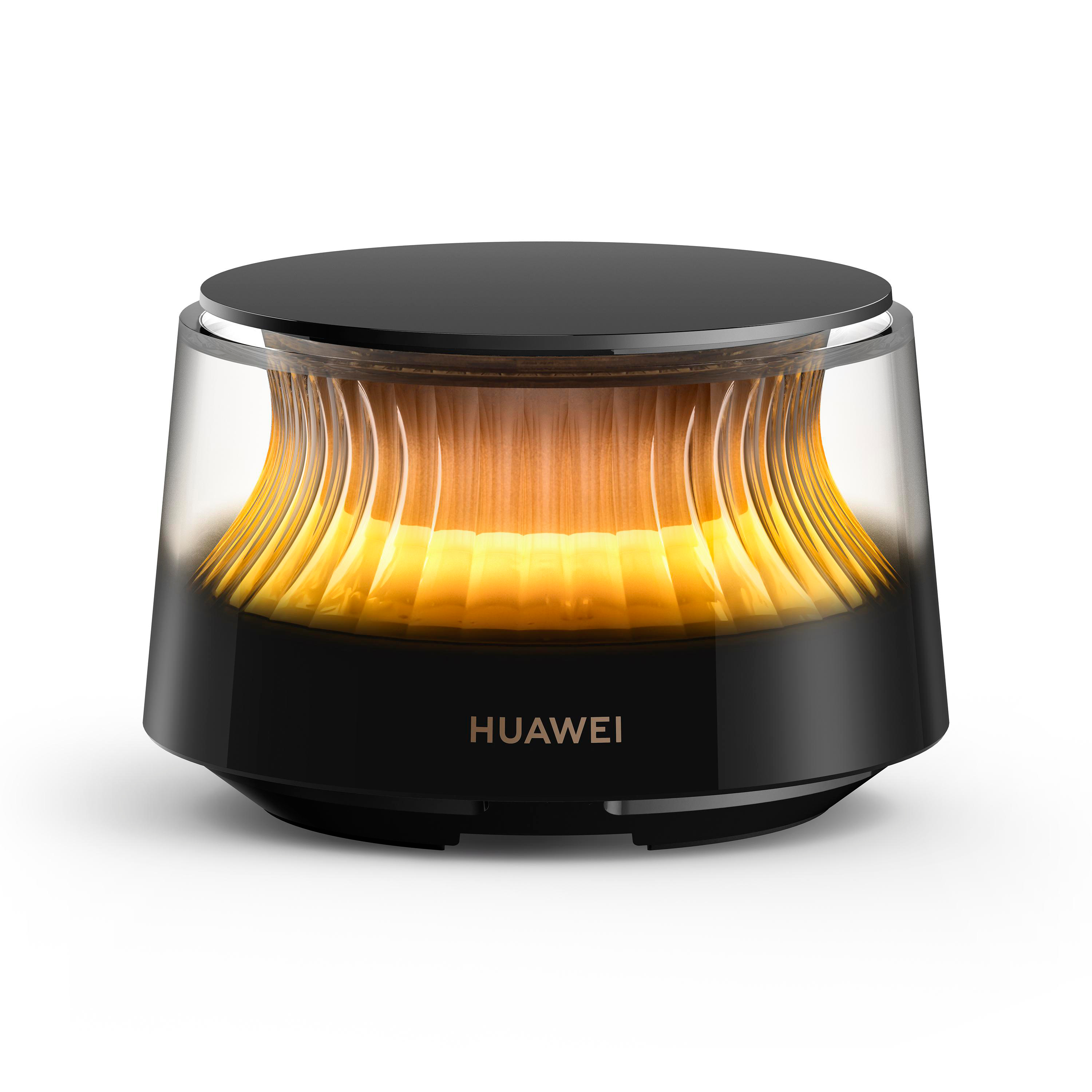 Schwarzer Huawei-Lautsprecher mit transparentem Gehäuse und goldenem Licht.
