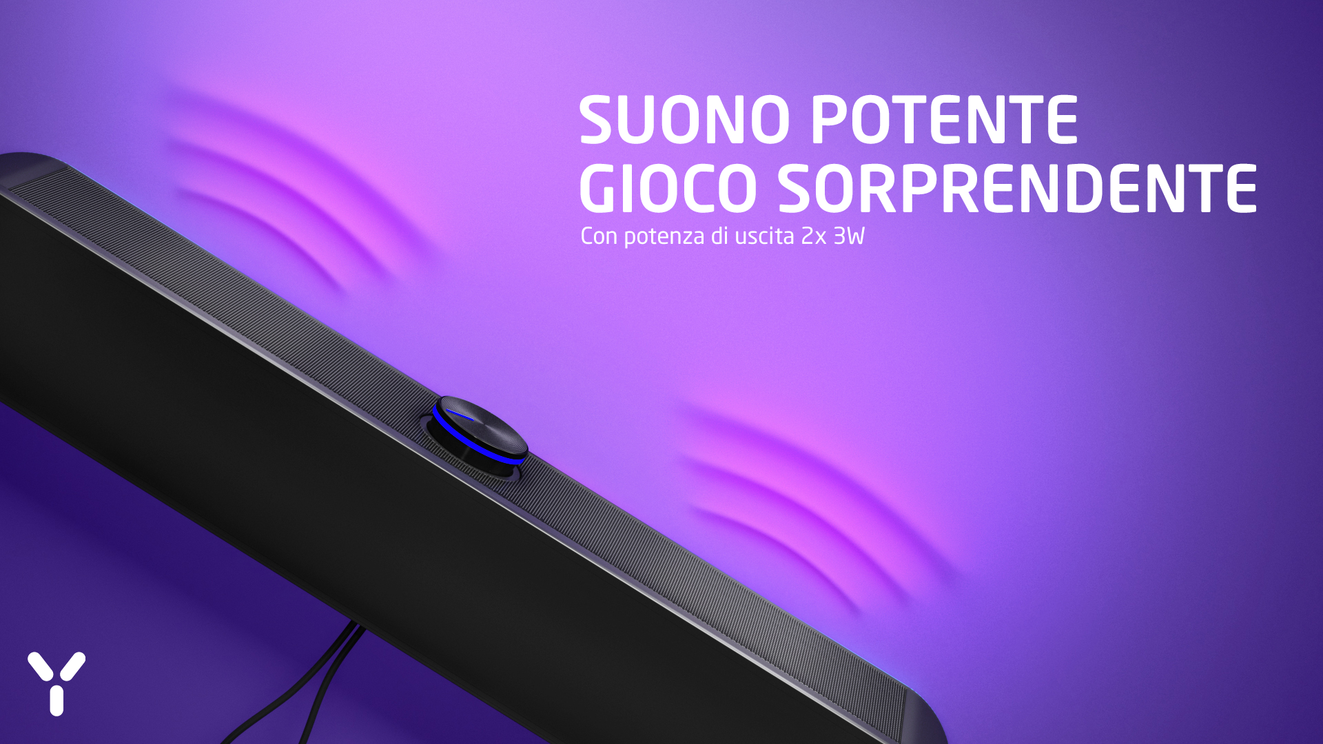 Czarny głośnik z niebieskim podświetleniem LED na fioletowym tle.