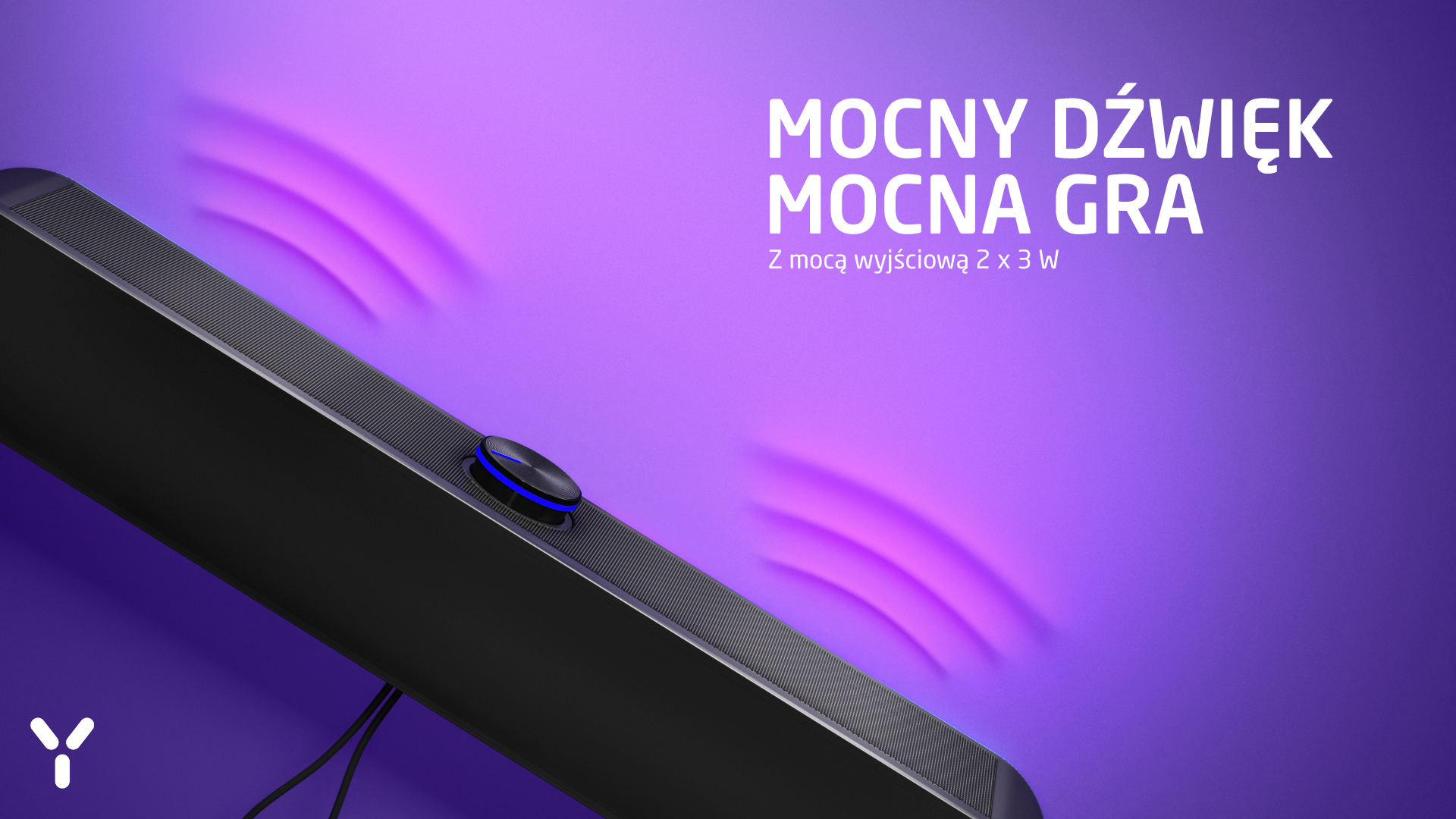 Czarny głośnik z niebieskim światłem na fioletowym tle.