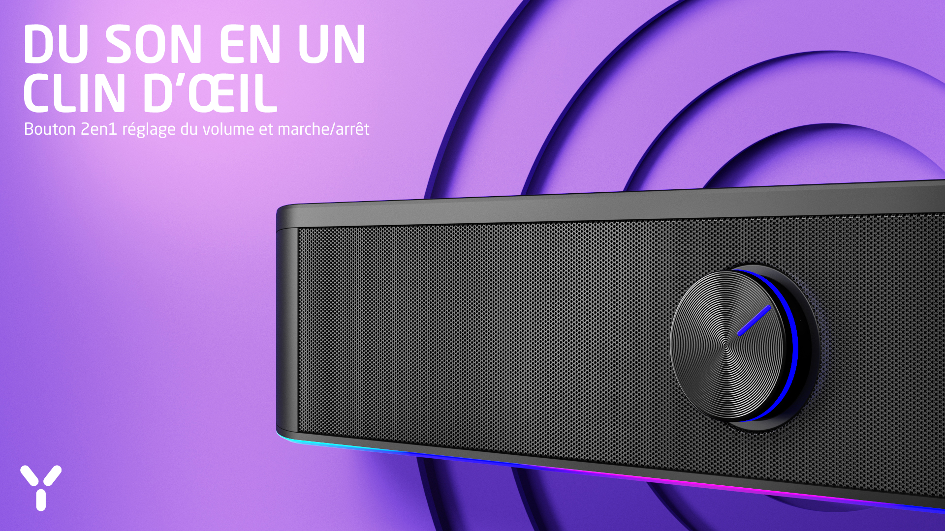 Czarny głośnik z pokrętłem i niebieskim podświetleniem LED na fioletowym tle.