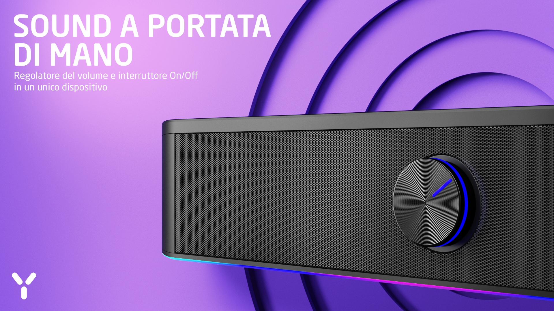 Czarny głośnik z pokrętłem i niebieskimi diodami LED na fioletowym tle.