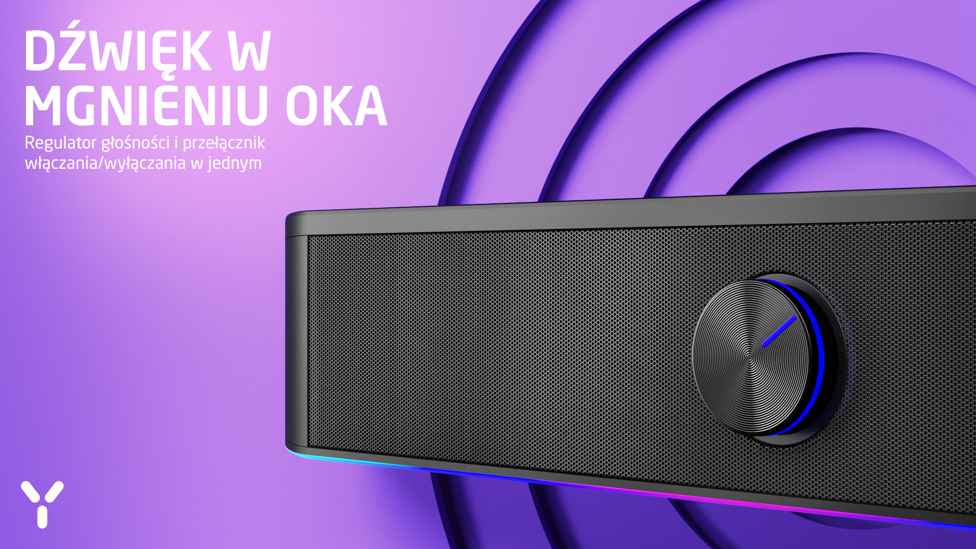 Czarny głośnik z pokrętłem i niebieskim podświetleniem LED na fioletowym tle.