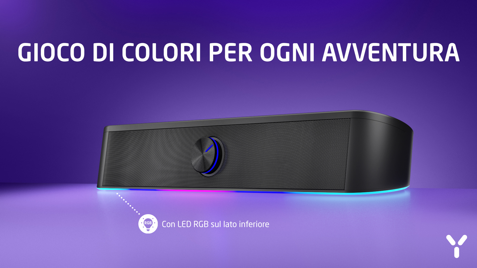 Czarny głośnik z dolnymi diodami LED RGB i niebieskim podświetleniem.