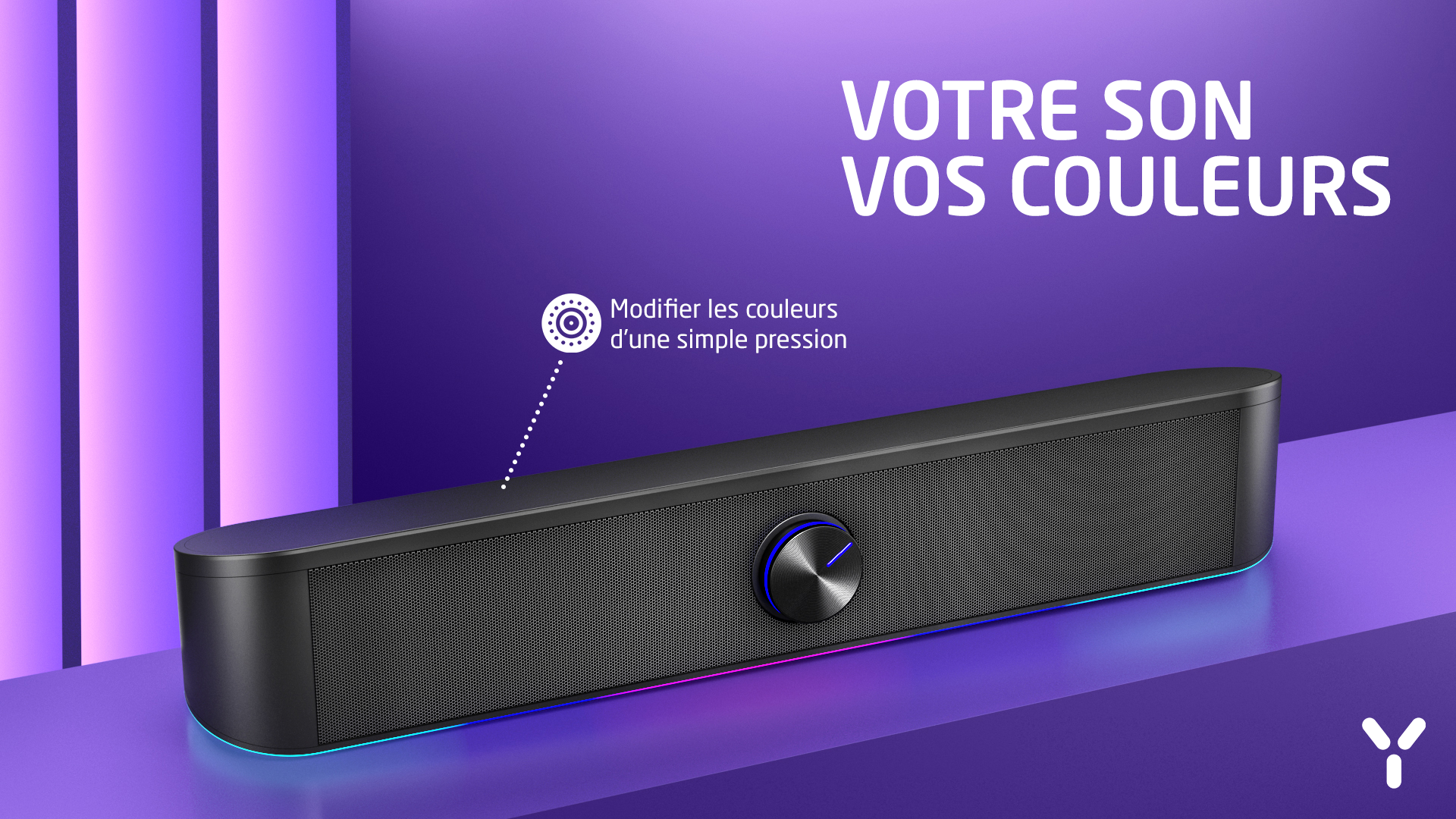Czarny głośnik z niebieskim podświetleniem i francuskim tekstem.
