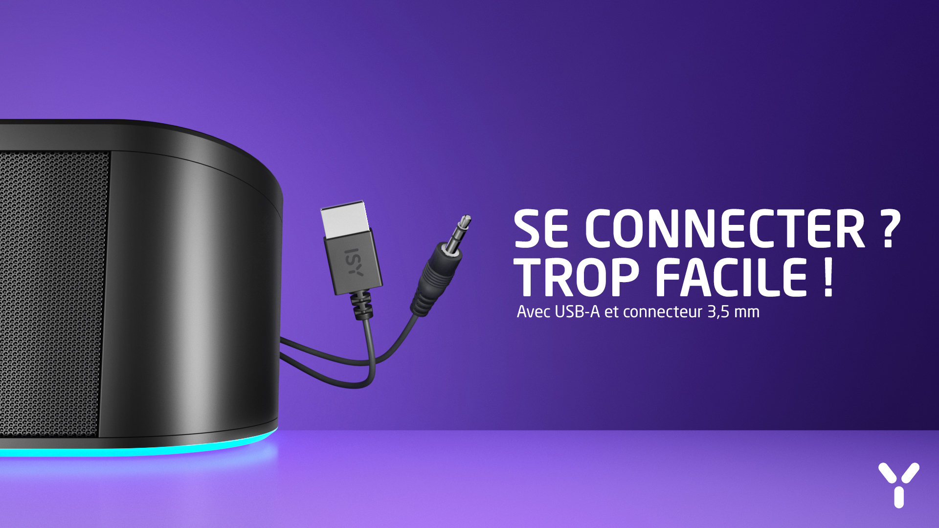 Czarny głośnik z kablem USB-A i złączem 3,5 mm.